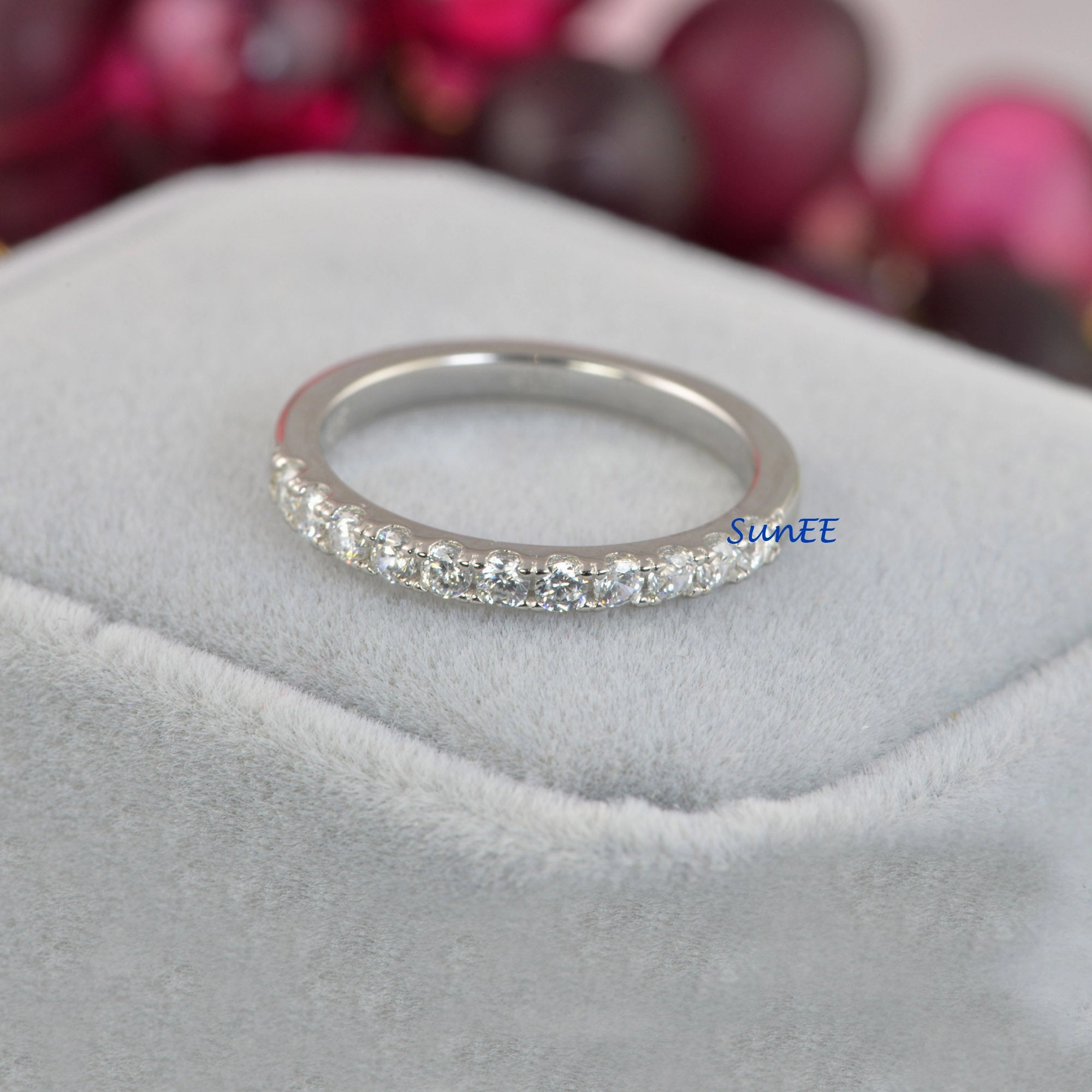 Chic Work Hypoallergenic Style 0.22ct Half Eternity Bridal Band Diamond Simulated 925 Sterling Silver Anniversary Rings SKU:00251