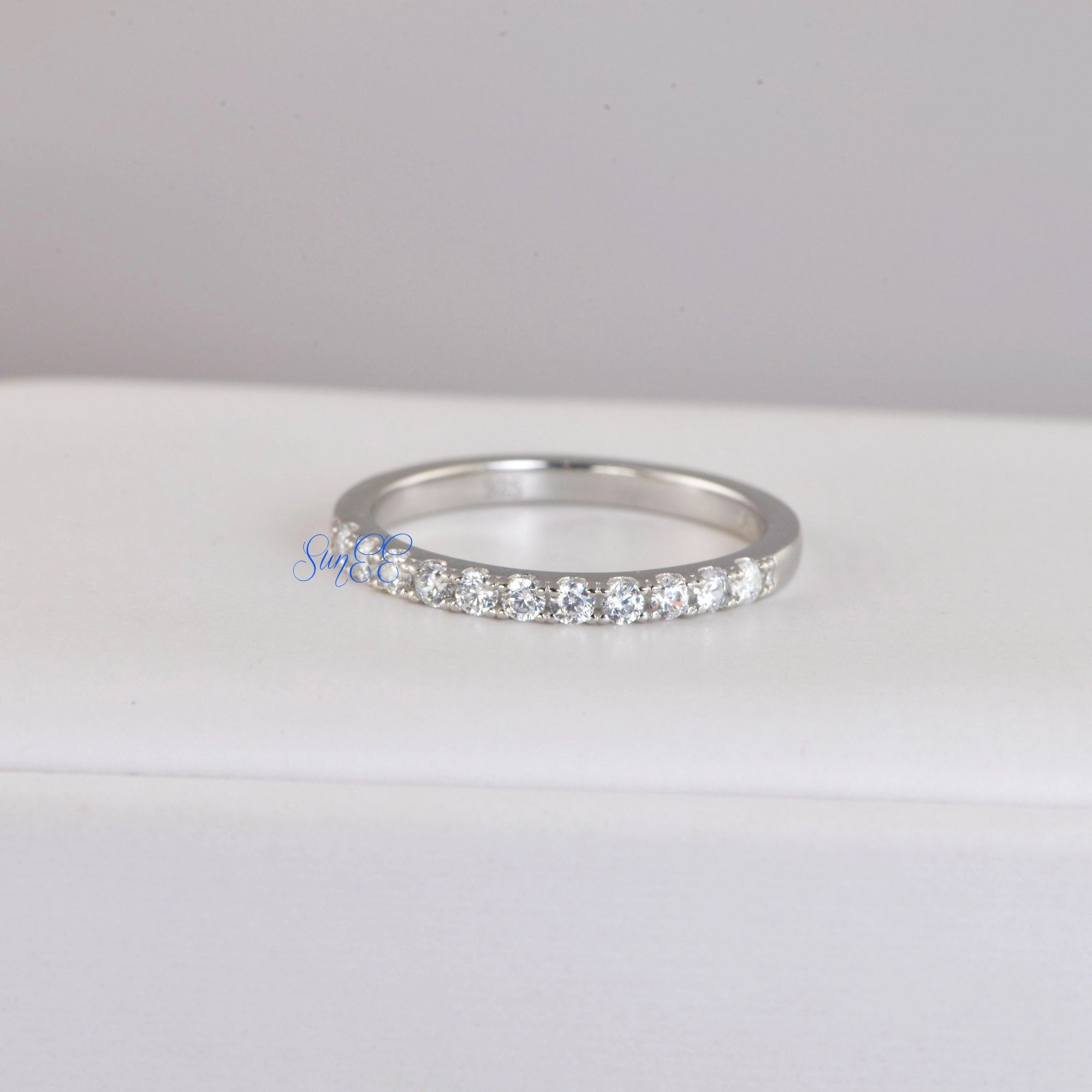 Delicate Sign Brilliant Art 0.22ct Half Eternity Bridal Band Diamond Simulated 925 Sterling Silver Anniversary Rings SKU:00251