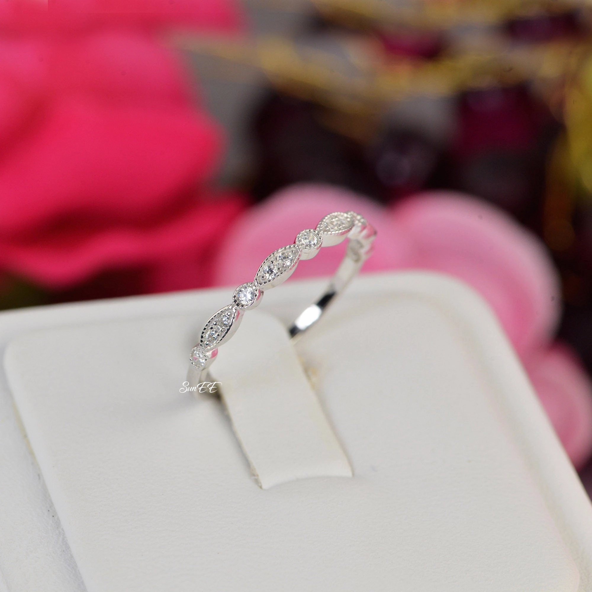 Custom Object 0.26ct Art Deco Band Half Eternity Promise Ring Diamond Simulated 925 Sterling Silver Wedding Ring SKU:00199