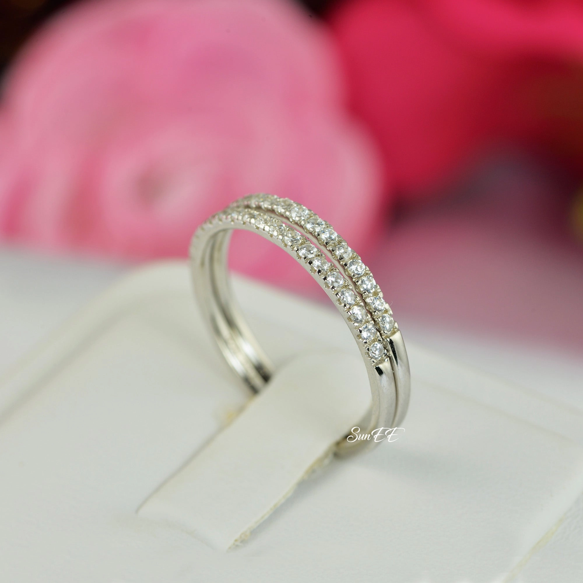Lightweight Package Luxury Fashion 0.36ct Half Eternity Wedding Band Stack Promise Ring Diamond Simulated 925 Sterling Silver Anniversary Ring SKU:00201