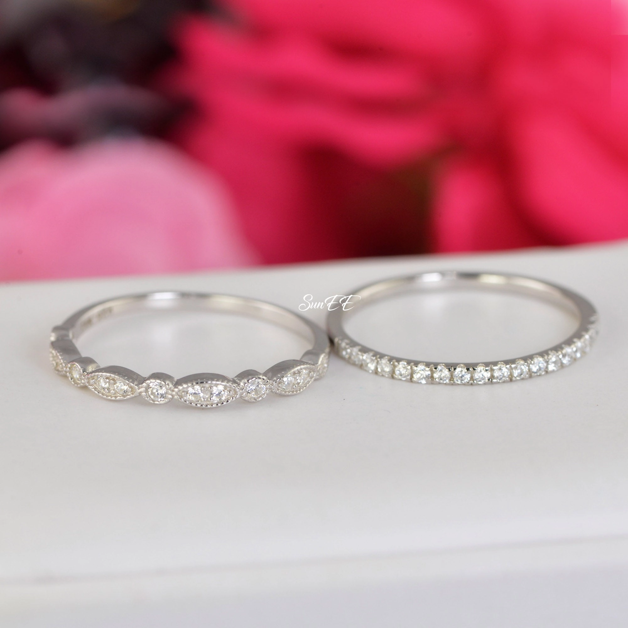 0.44ct Half Eternity & Art Deco Wedding Band Stack Promise Ring Diamond Simulated 925 Sterling Silver Anniversary Ring SKU:00202 Chic Set