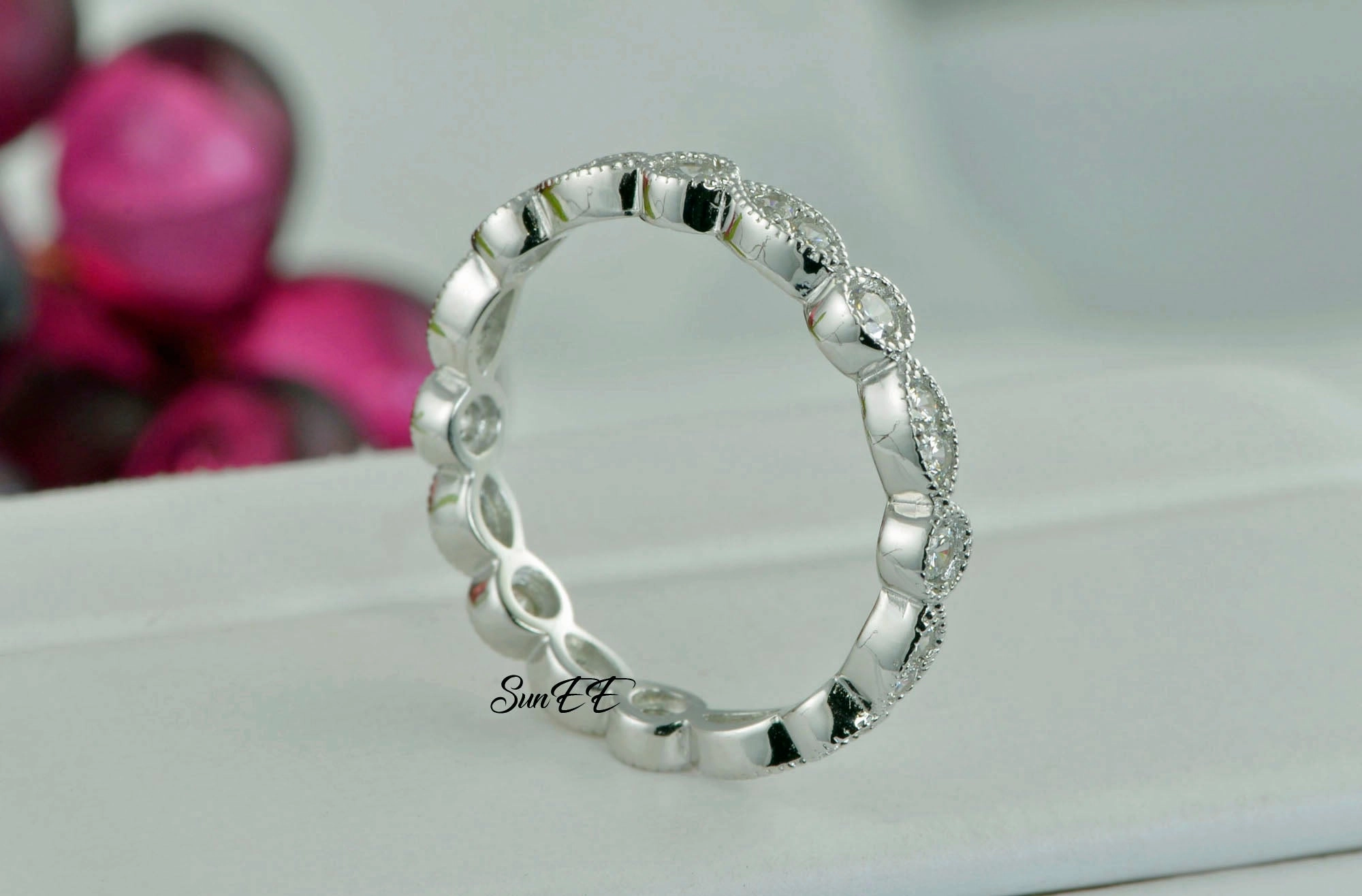 0.66ct Art Deco Band Full Eternity Promise Ring Diamond Simulated 925 Sterling Silver Wedding Ring SKU:00189 Fashionable Jewelry Polished Texture