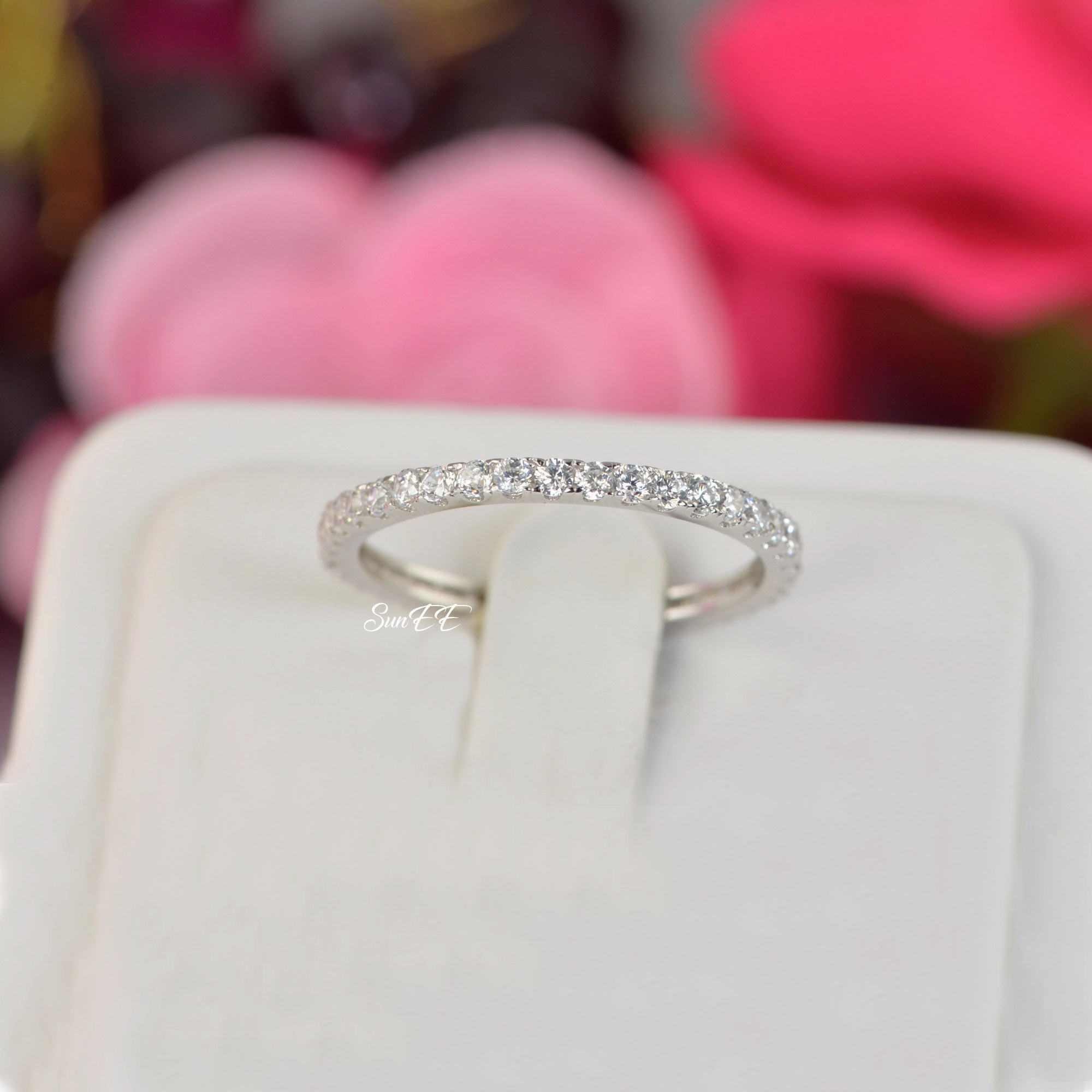 Budget Symbol Graceful Style 0.74ct Full Eternity Wedding Band Stack Promise Ring Diamond Simulated 925 Sterling Silver Anniversary Ring SKU:00190