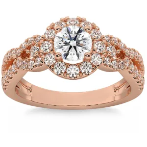 1 1/2Ct Diamond Engagement Ring Halo Twist Band 14k Gold Lab Grown