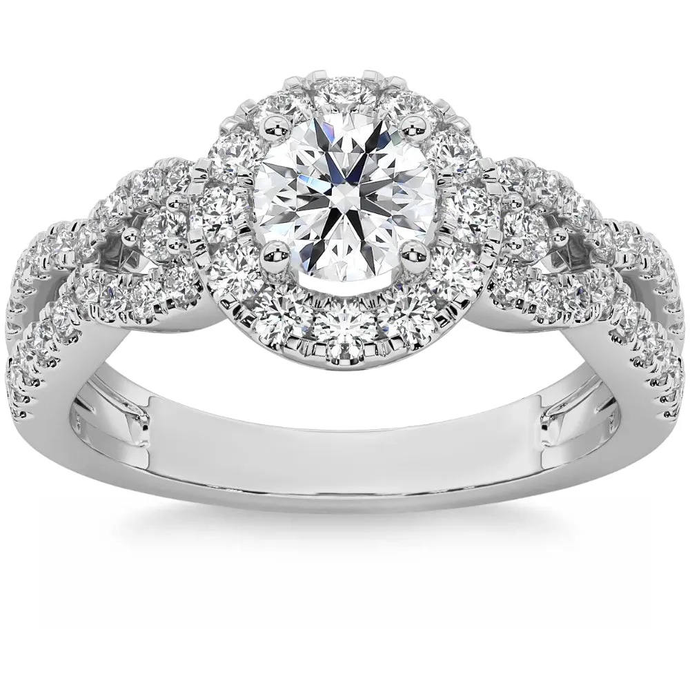 1 1/2Ct Diamond Engagement Ring Halo Twist Band 14k Gold Lab Grown