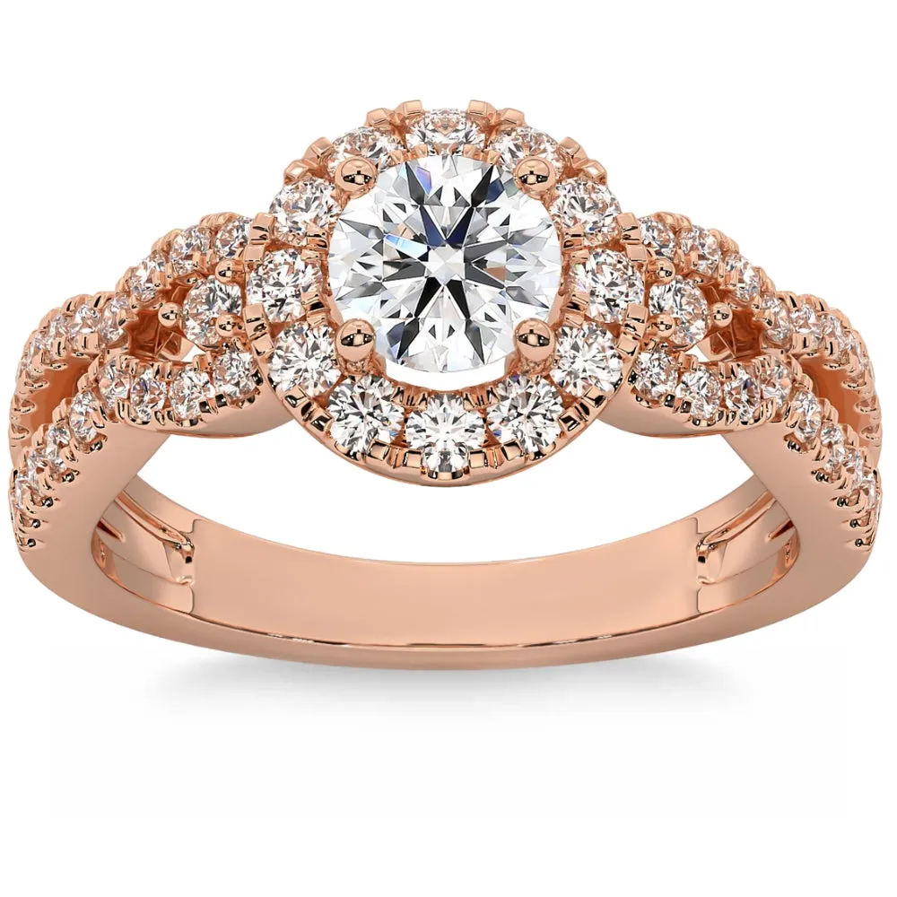 1 1/2Ct Diamond Engagement Ring Halo Twist Band 14k Gold Lab Grown