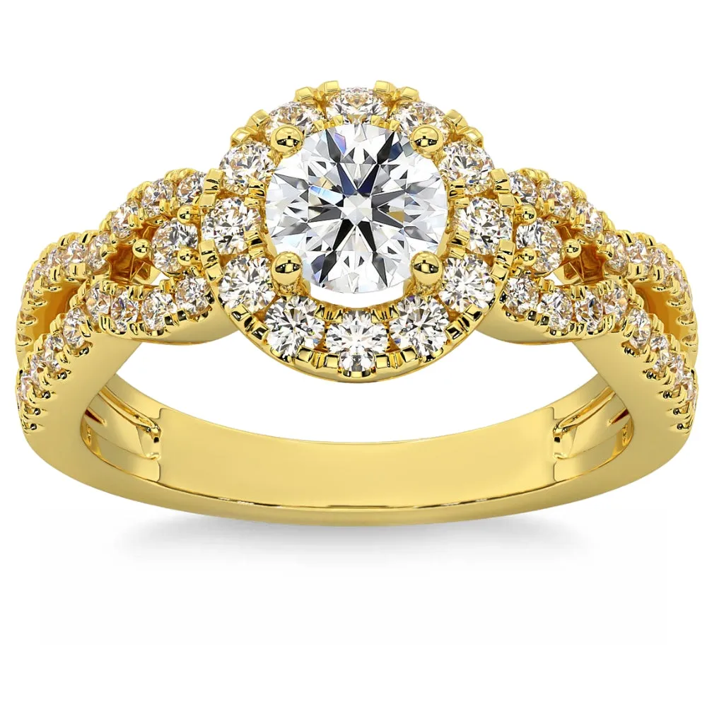 1 1/2Ct Diamond Engagement Ring Halo Twist Band 14k Gold Lab Grown