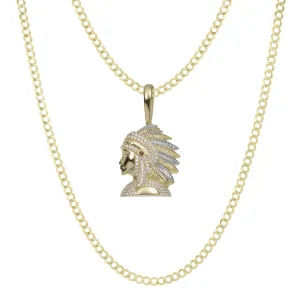 1 3/4" CZ Indian Chief Pendant & Chain Necklace Set 10K Yellow Gold
