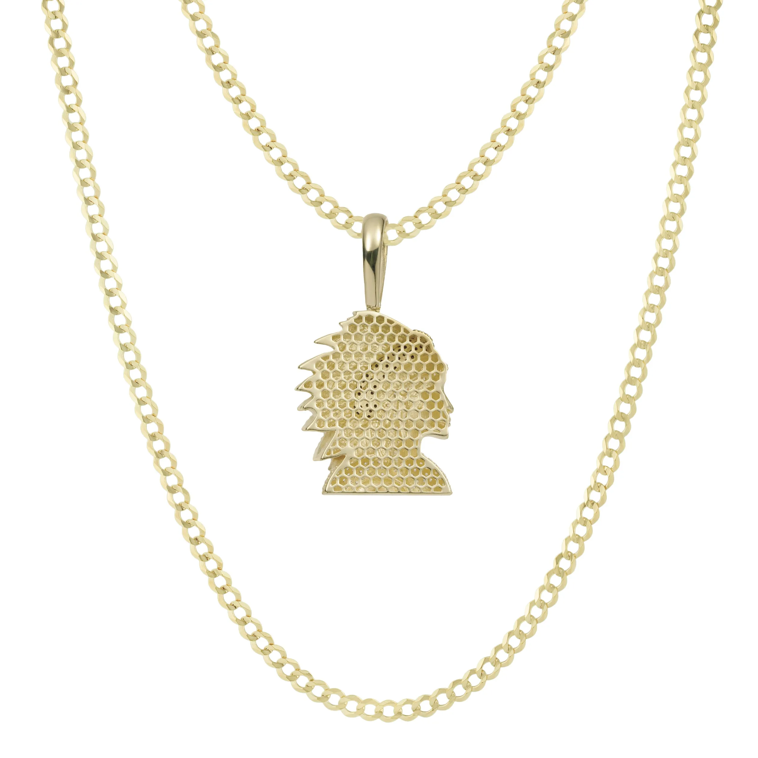 1 3/4" CZ Indian Chief Pendant & Chain Necklace Set 10K Yellow Gold
