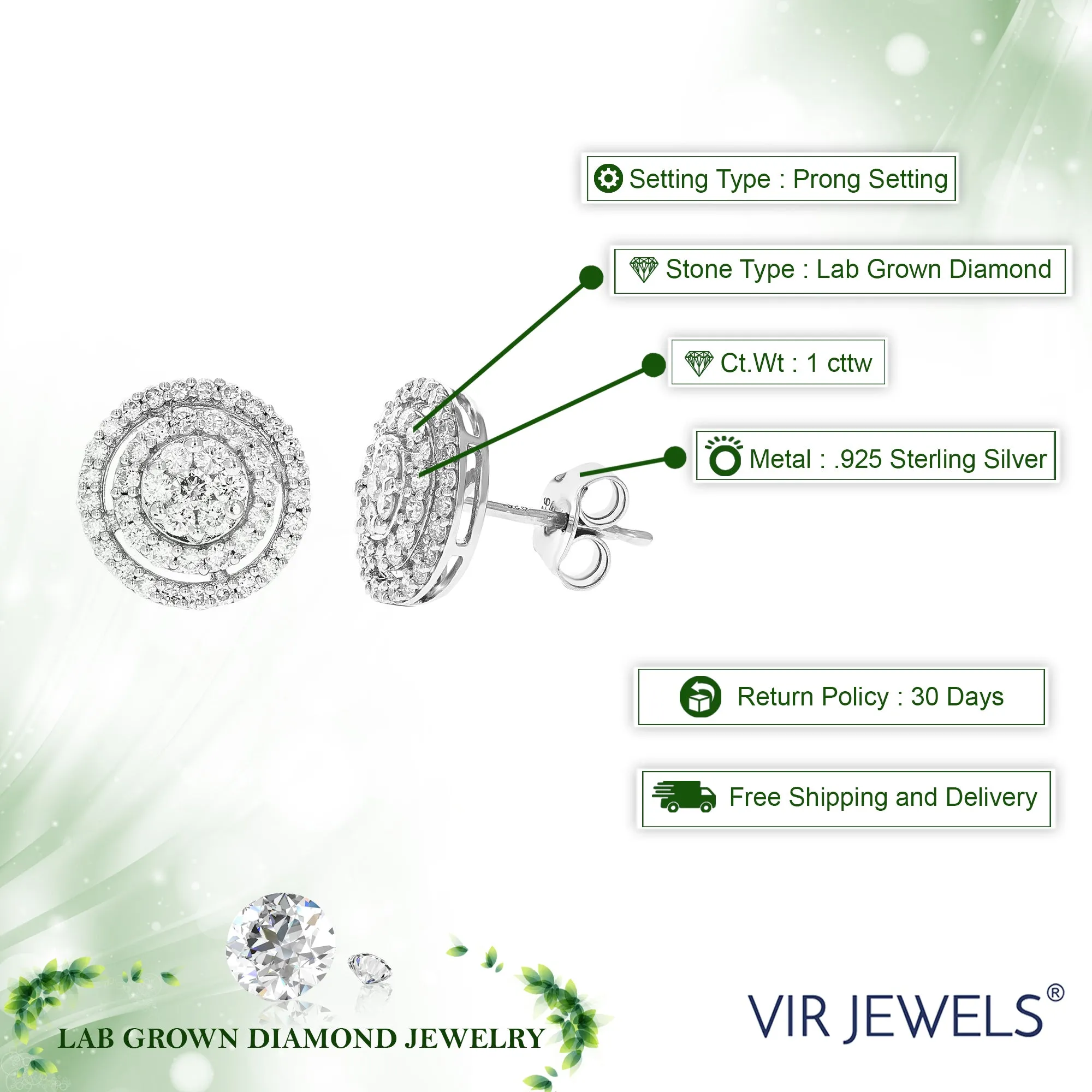 1 cttw 94 Stones Round Lab Grown Diamond Studs Earrings .925 Sterling Silver Prong Set Round Shape