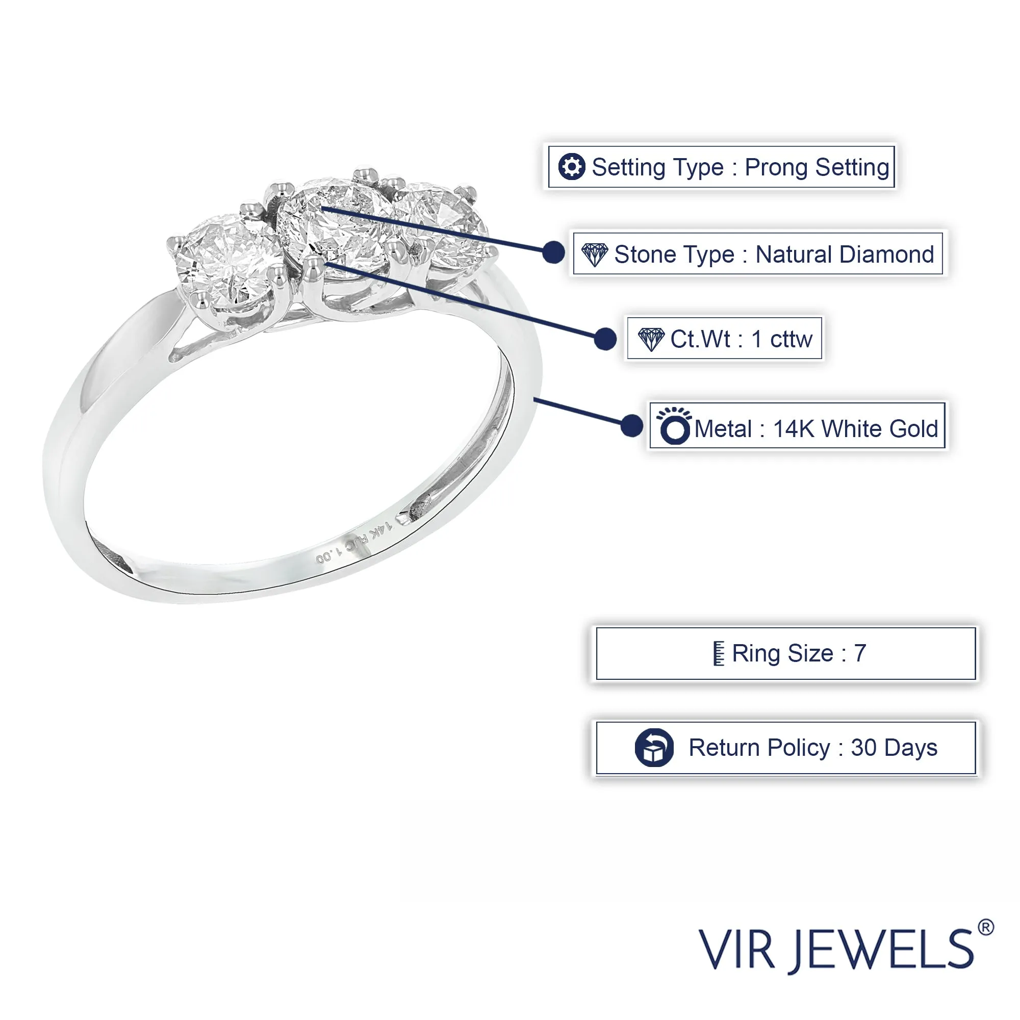 1 cttw Diamond Engagement Three Stone Ring in 14K White Gold