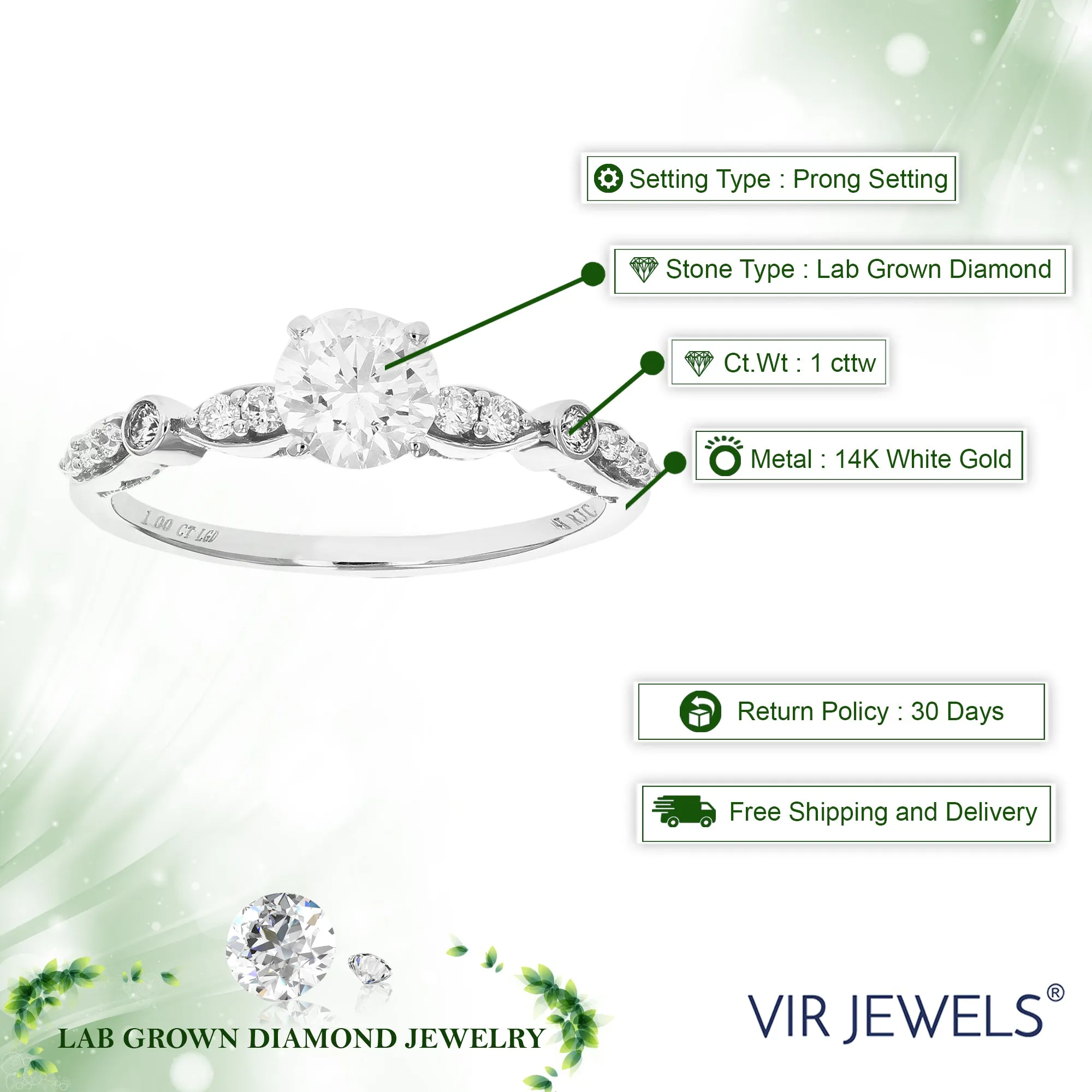 1 cttw Lab Created Diamond Engagement Ring in 14K White Gold Round with Prong