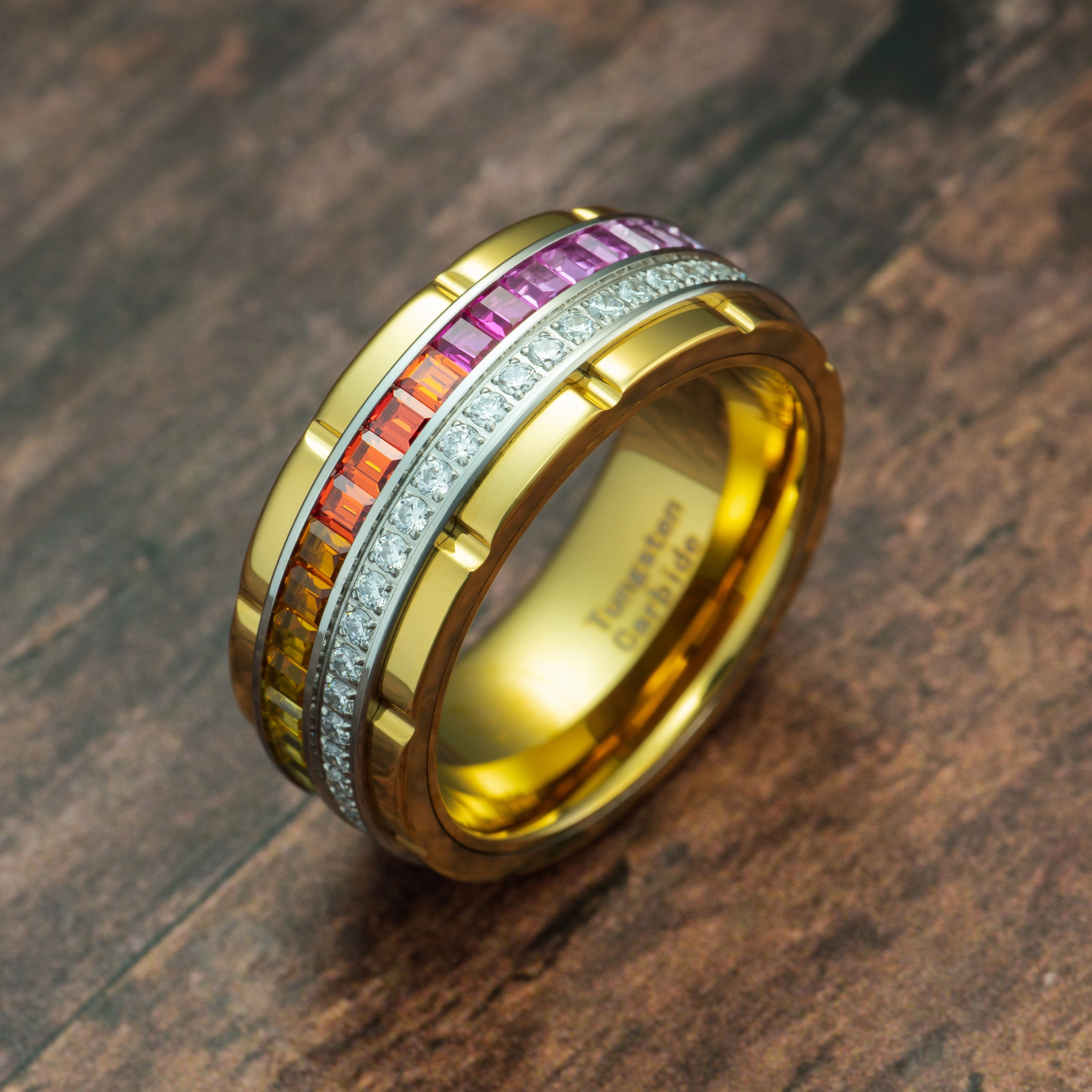 100S JEWELRY 10mm Gold Tungsten Rings For Men Rainbow & Clear CZ Cubic Zirconia moissanite Wedding Promise Band Size 6-16 Shimmer Accent