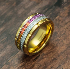 100S JEWELRY 10mm Gold Tungsten Rings For Men Rainbow & Clear CZ Cubic Zirconia moissanite Wedding Promise Band Size 6-16 Shimmer Accent