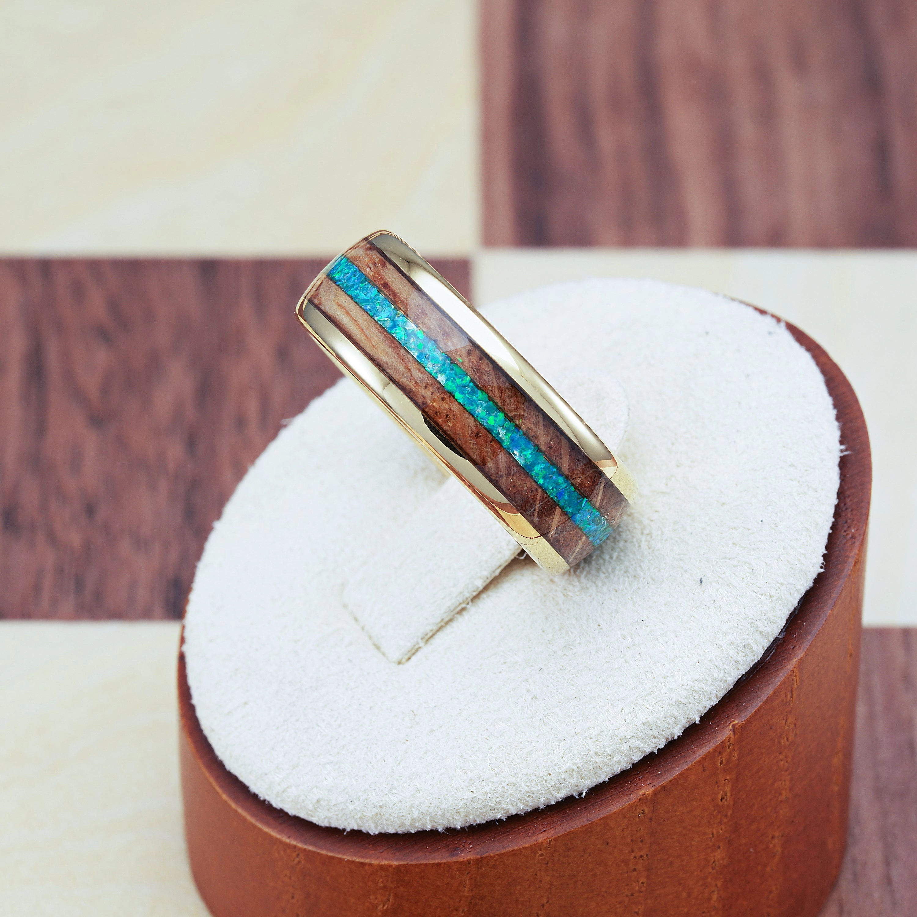 100S JEWELRY 14k Gold Tungsten Rings For Men Whiskey Barrel & Green Opal Wedding Promise Engagement Band Size 6-16 Glossy Look