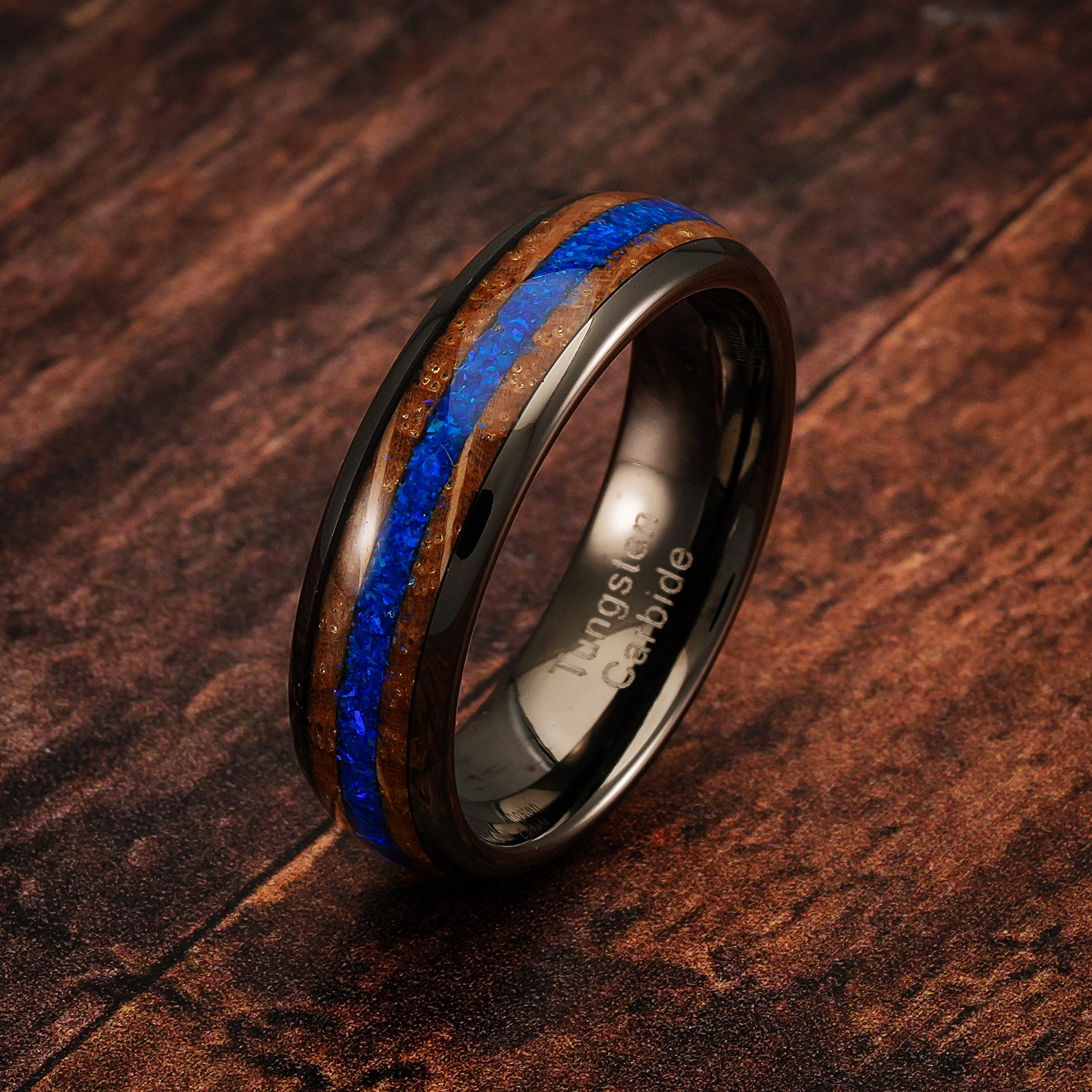 100S JEWELRY 6mm Gunmetal Tungsten Rings for Men & Women: Unique Blue Opal & Whiskey Barrel Inlay - Durable Wedding, Engagement, Promise Band - Available in Sizes 6-13 Trendy Finish Cool Look