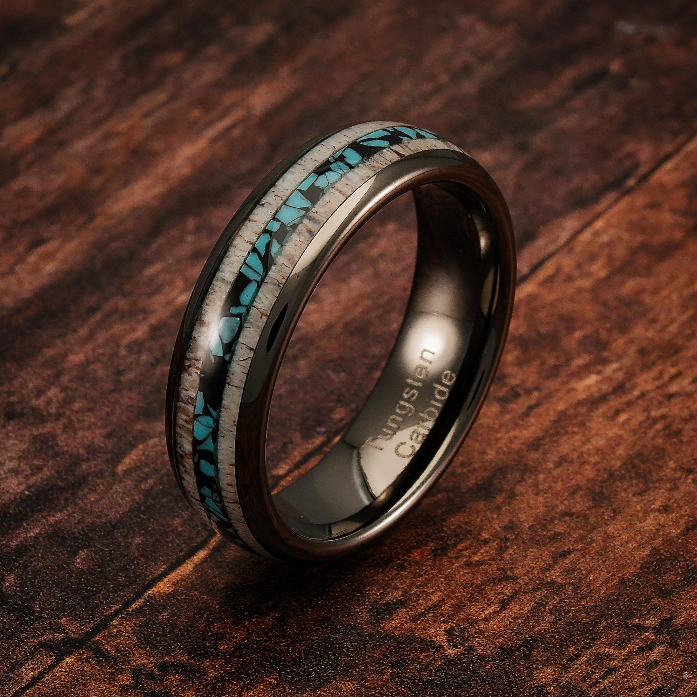100S JEWELRY 6mm Gunmetal Tungsten Rings for Men & Women: Unique Turquoise & Antler Inlay - Durable Wedding, Engagement, Promise Band - Available in Sizes 6-13 Abstract Pattern Everyday Function