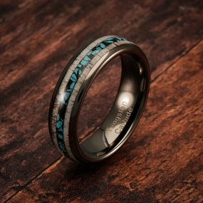 100S JEWELRY 6mm Gunmetal Tungsten Rings for Men & Women: Unique Turquoise & Antler Inlay - Durable Wedding, Engagement, Promise Band - Available in Sizes 6-13 Abstract Pattern Everyday Function