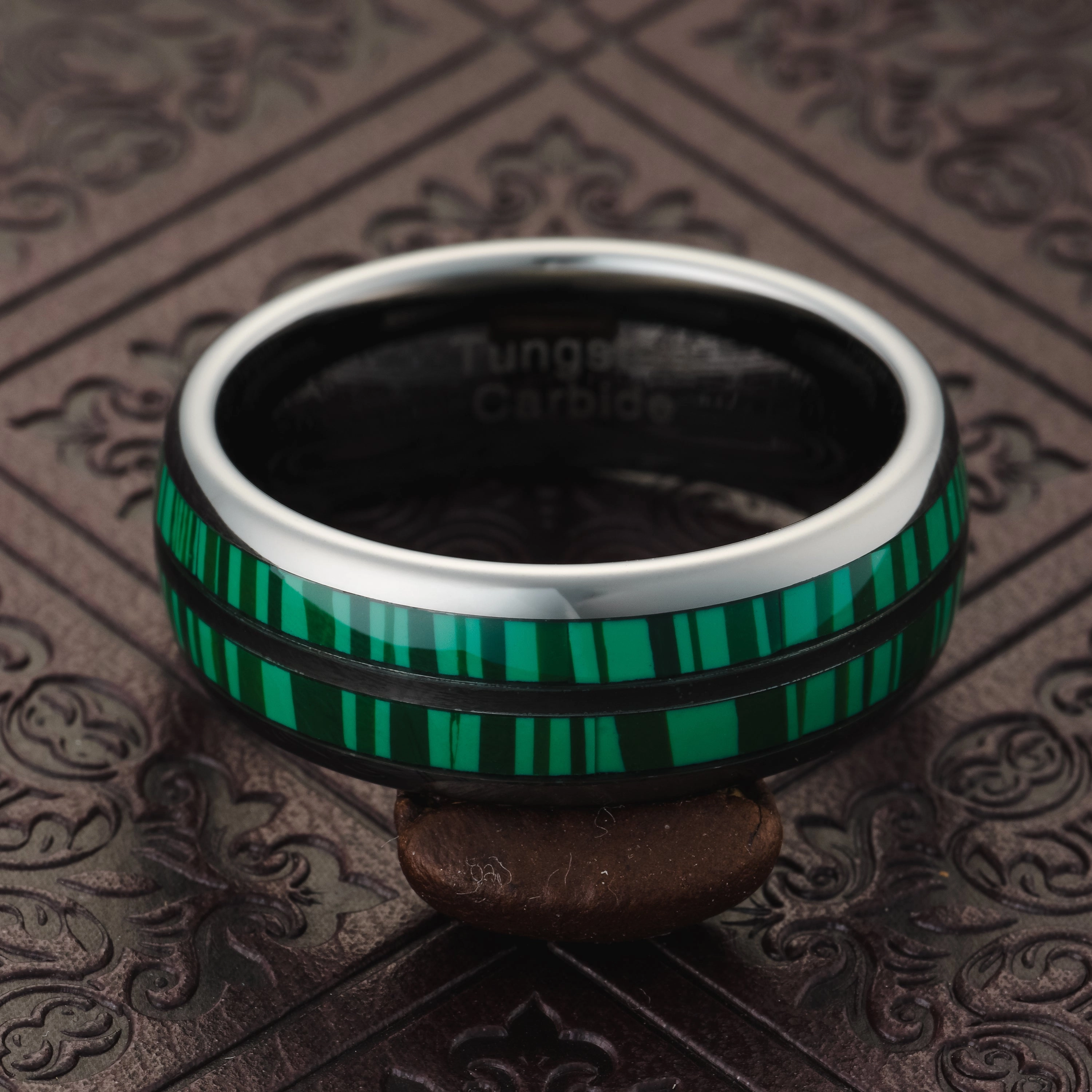 100S JEWELRY Engraved Personalized Gunmetal Tungsten Rings For Men Malachite Inlay Wedding Promise Band Size 6-16 Formal Style Sparkling Work