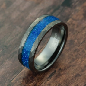 100S JEWELRY Gunmetal Gray Hammered Tungsten Ring For Men Male Him Blue Opal Inlay Wedding Band Promise Engagement Size 6-16 New Arrival