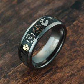 Ornate Ornament Luxury Balance 100S JEWELRY Gunmetal Gray Steampunk Rings For Men Real Gear Inlay Tungsten Wedding Promise Engagement Band Size 6-16