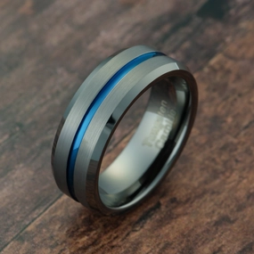 100S JEWELRY Gunmetal Gray Tungsten Ring for Men Blue Groove Line Wedding Band Promise Engagement Size 6-16 Unisex accessory