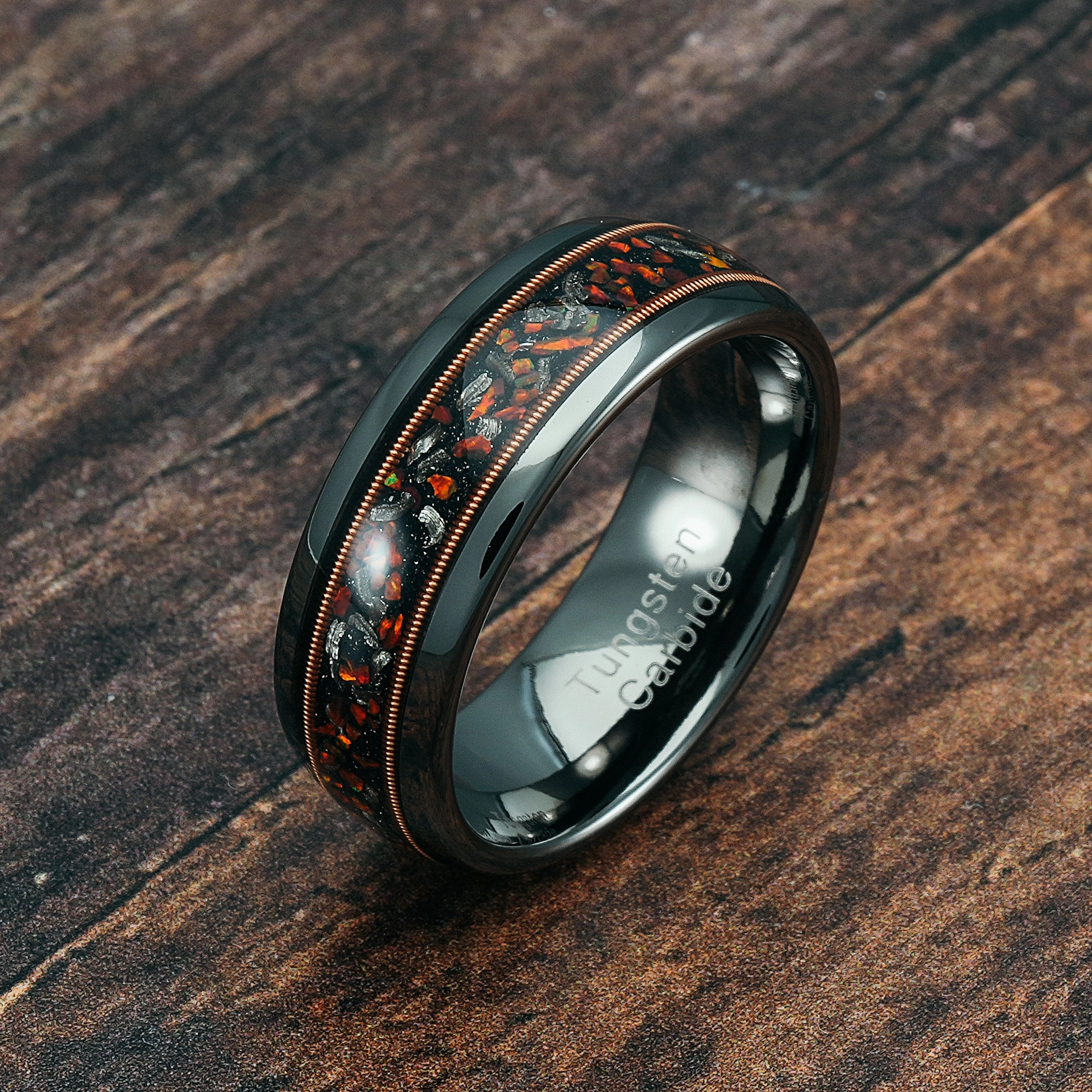 Inspired Style 100S JEWELRY Gunmetal Tungsten Rings For Men Guitar Meteorite Opal Inlay Wedding Promise Engagement Band Size 6-16