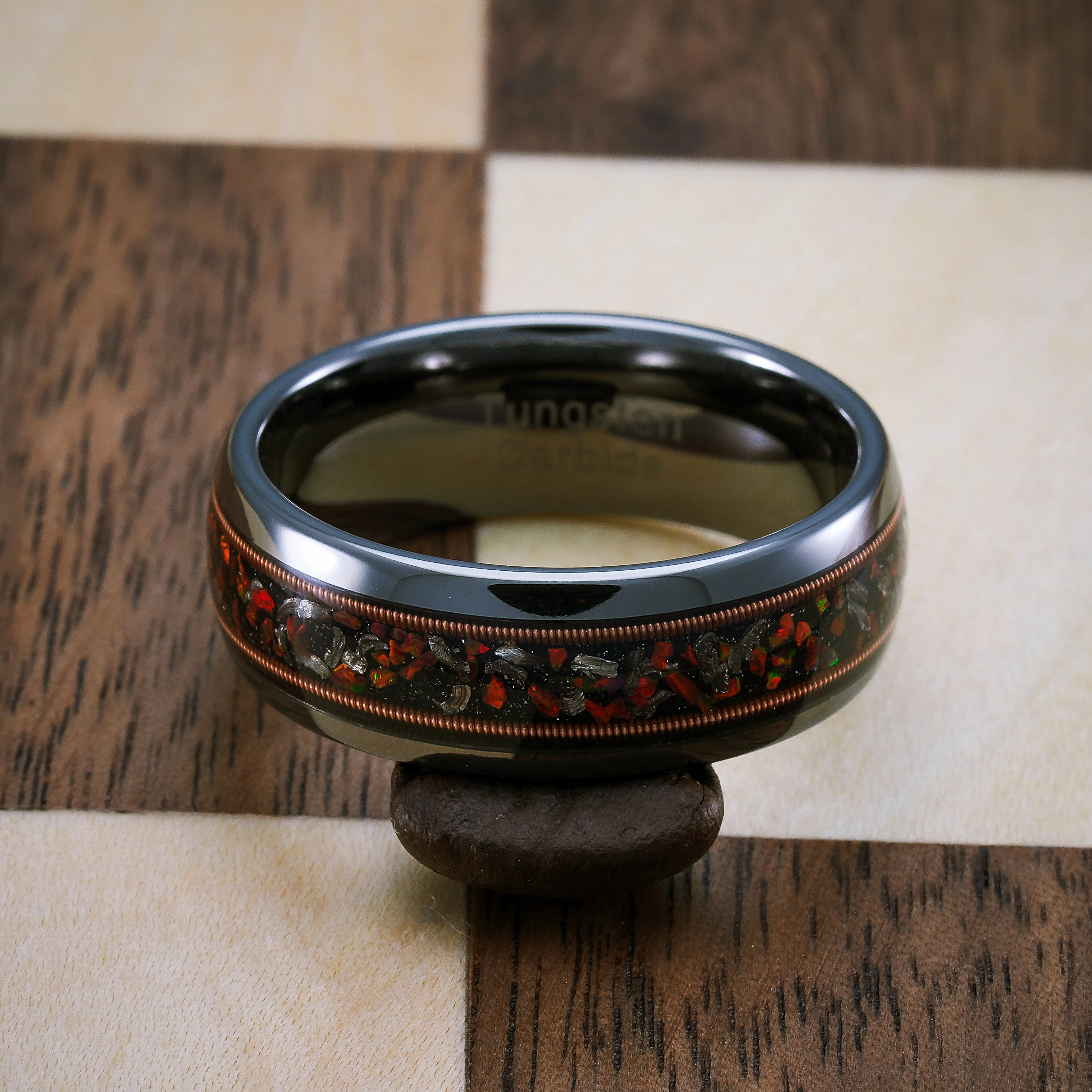 Superior Design 100S JEWELRY Gunmetal Tungsten Rings For Men Guitar Meteorite Opal Inlay Wedding Promise Engagement Band Size 6-16