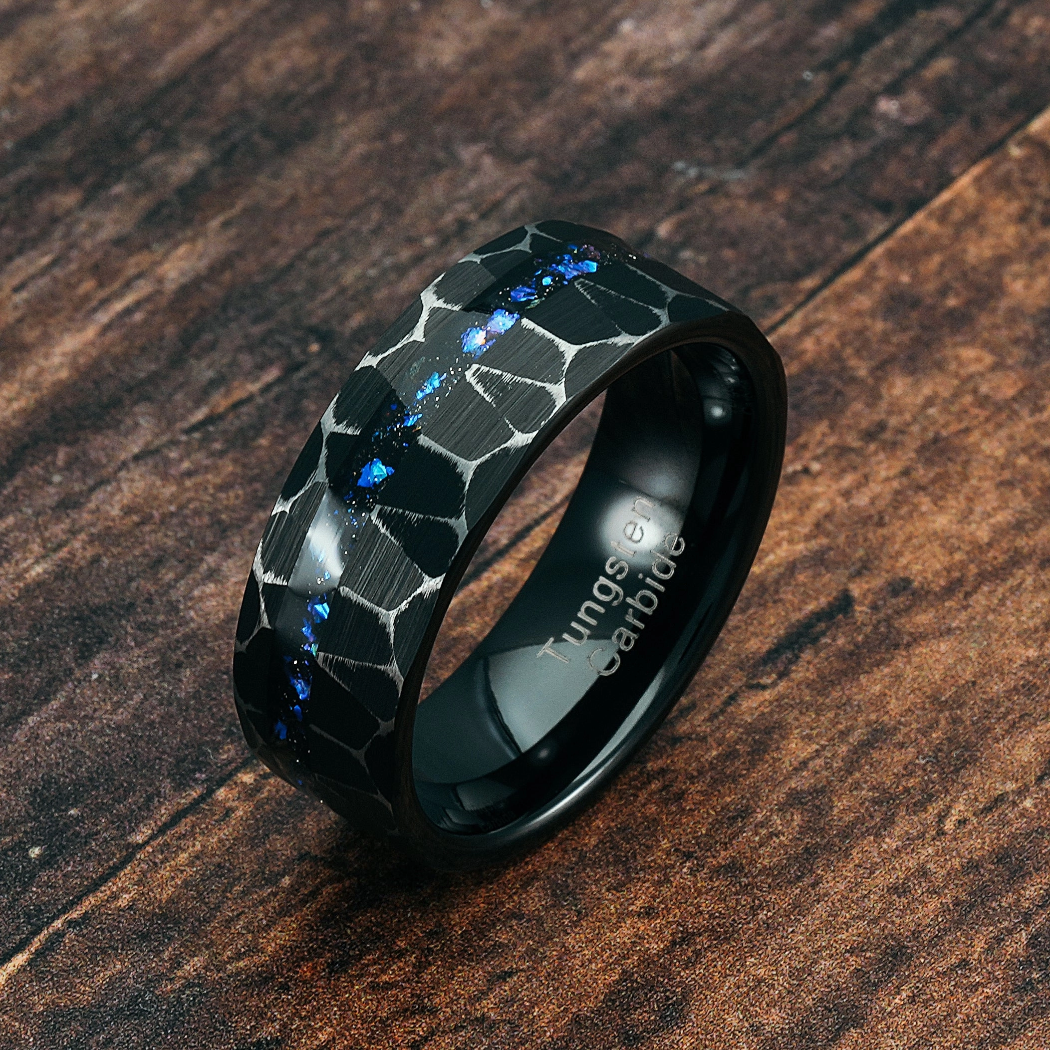 Timeless Grace 100S JEWELRY Men's Rustic Black Tungsten Ring with Orion Nebula Galaxy Design Hammered Finish Wedding and Engagement Band Sizes 6-16