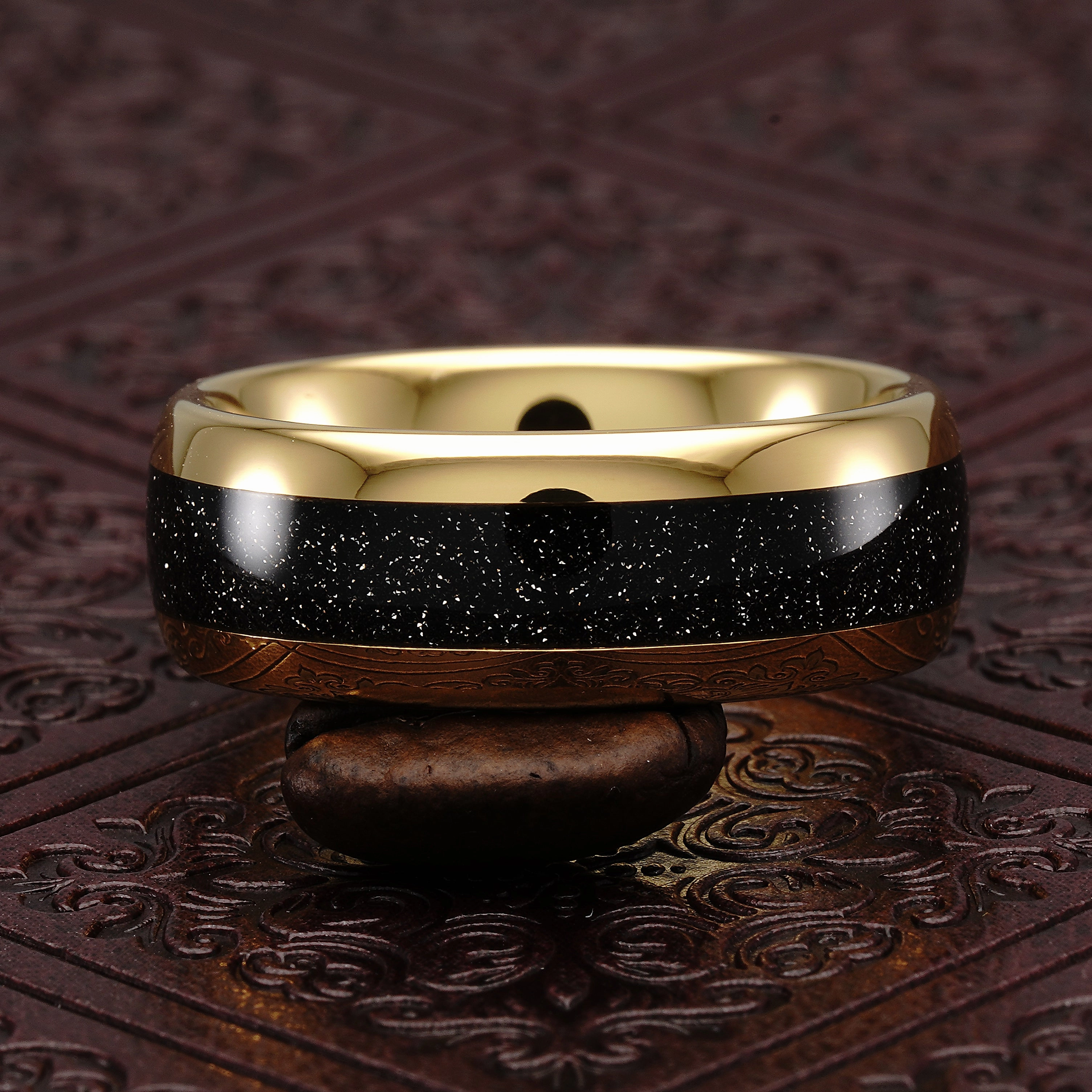 Trendy Item 100S JEWELRY Tungsten Ring for Men Wedding Band Black Sandstone Inlaid Gold Dome Size 6-16