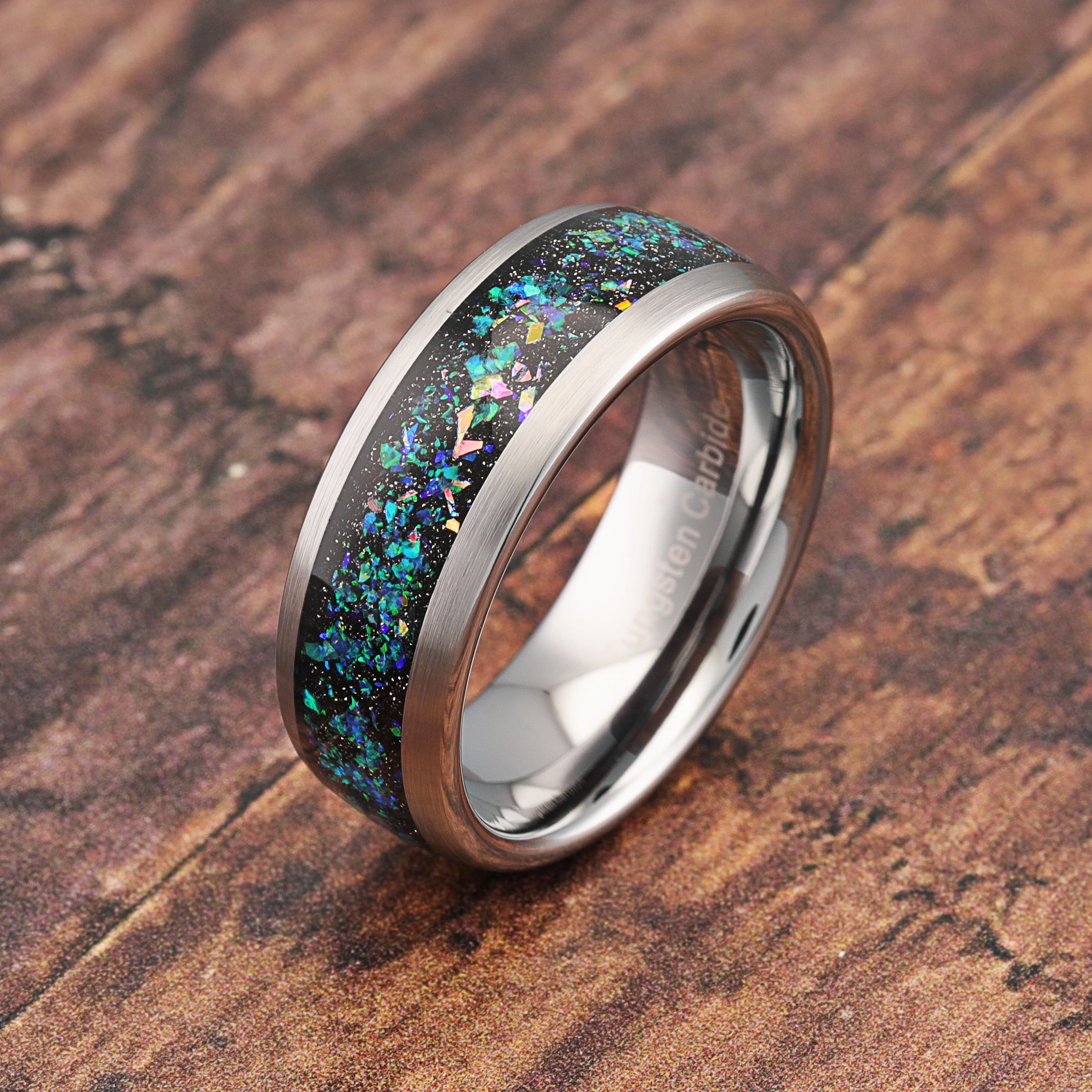 100S JEWELRY Tungsten Wedding Ring for Men Women Opal Inlay Silver Band Comfort Fit Size 6-16 Vintage Sign