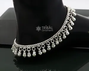 10.5" Long handmade sterling silver amazing hanging drops ankle bracelet, gorgeous charm anklets belly dance ethnic tribal jewelry ank539