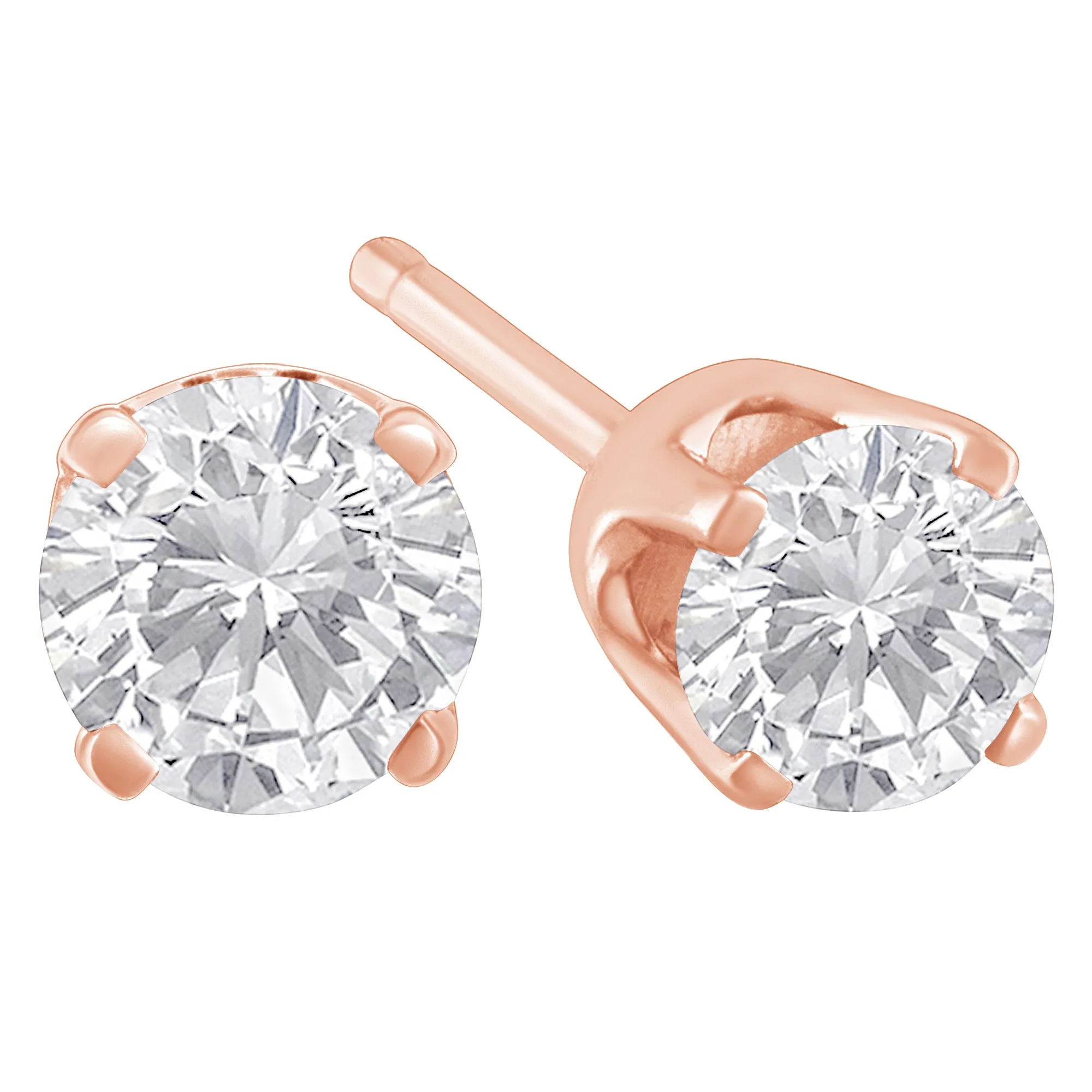10K Rose Gold over .925 Sterling Silver 3/4 Cttw Round Brilliant-Cut Diamond Classic 4-Prong Stud Earrings