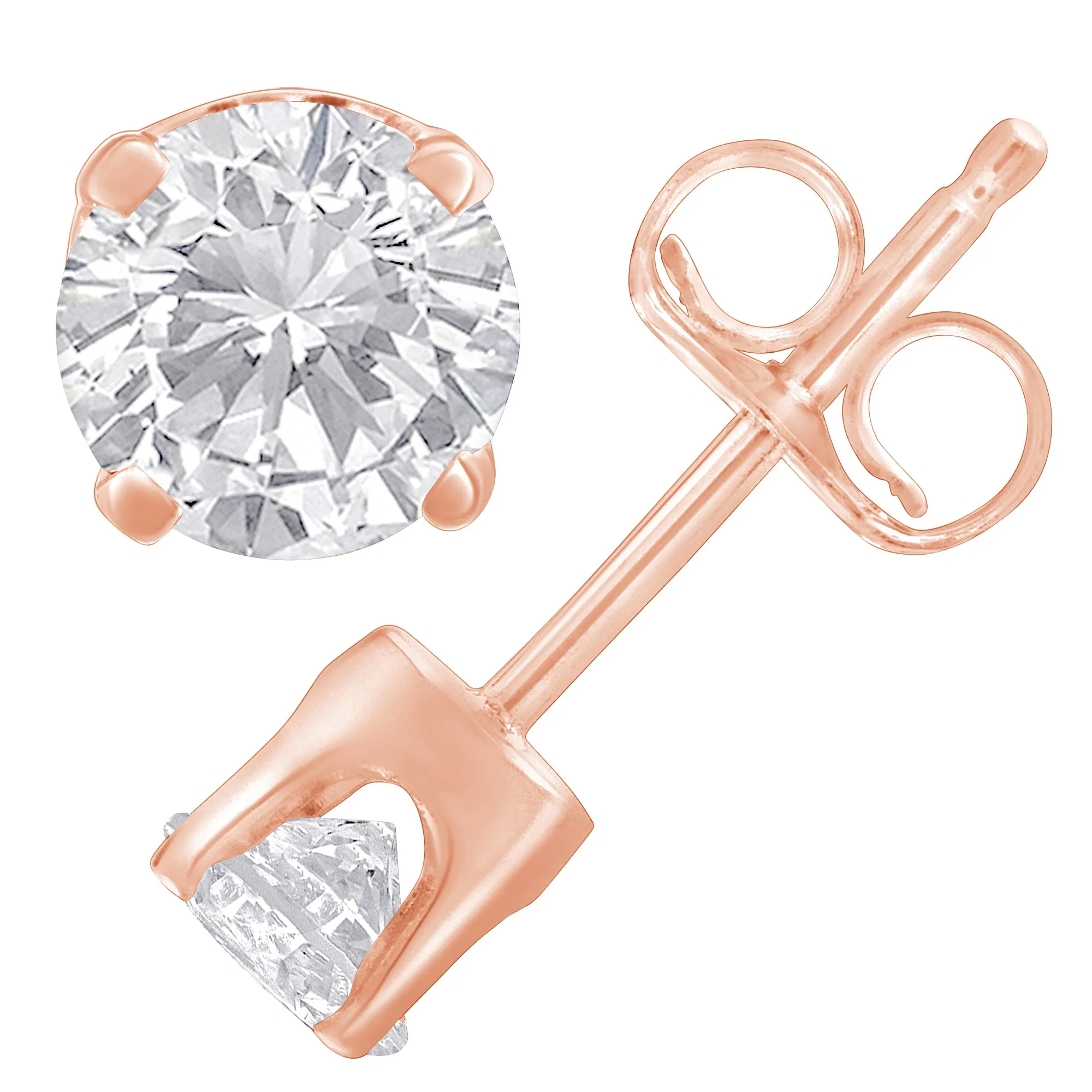 10K Rose Gold over .925 Sterling Silver 3/4 Cttw Round Brilliant-Cut Diamond Classic 4-Prong Stud Earrings