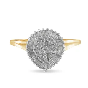 10K Yellow Gold 1/2 Cttw Round & Baguette Cut Diamond Pear Shaped Domed Pavé Cluster with Halo Cocktail Ring