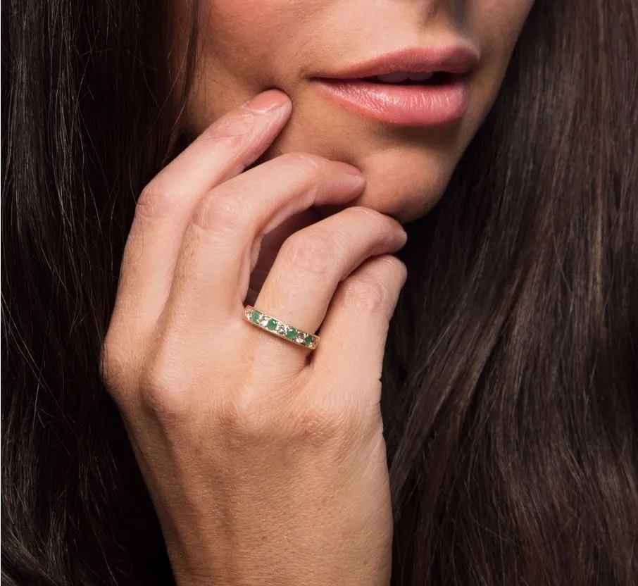 10k Yellow Gold Emerald and White Sapphire Vintage Style Anniversary Wedding Band
