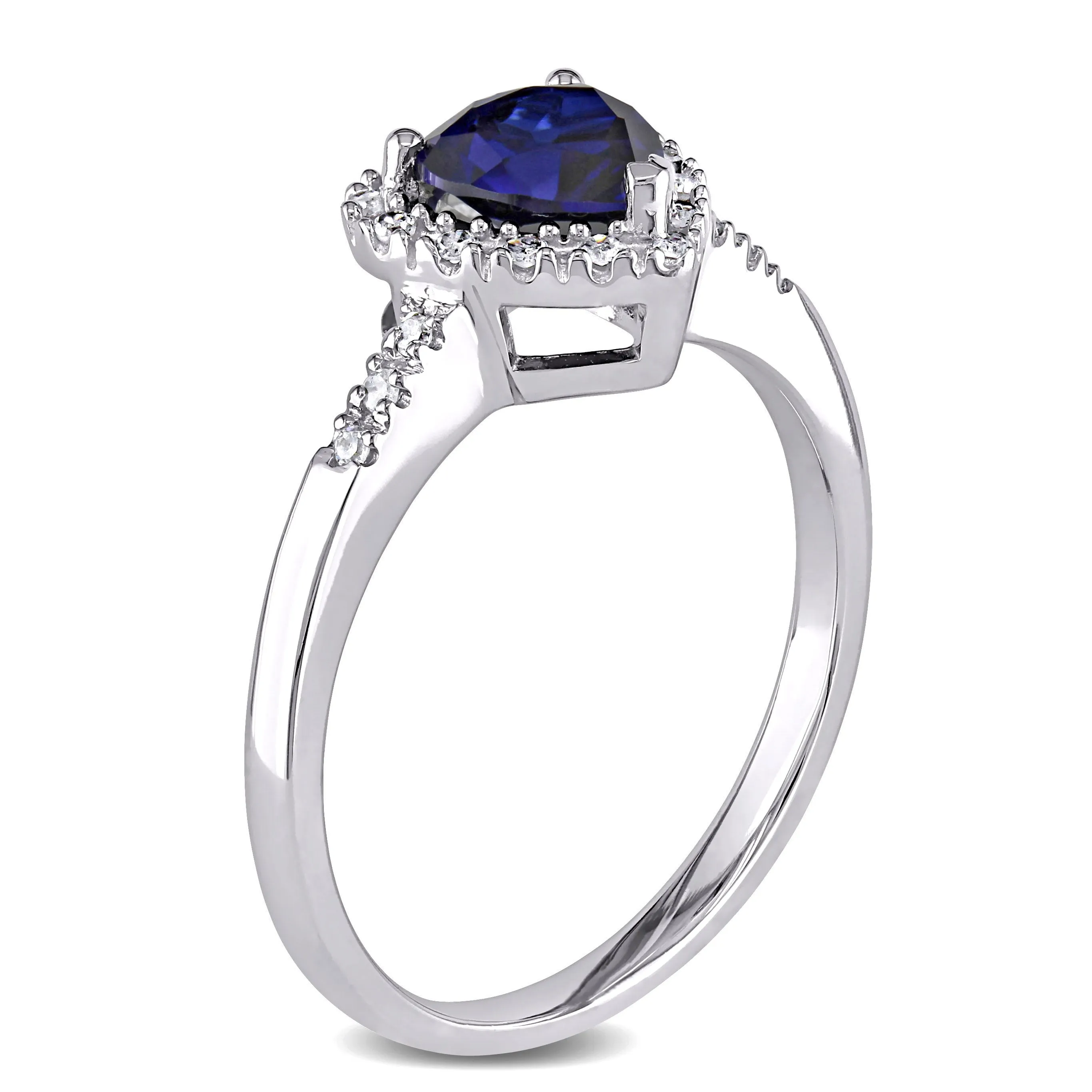 1/10 CT TW Halo Diamond and 7/8 CT TGW Heart Shaped Created Blue Sapphire Ring in 10K White Gold