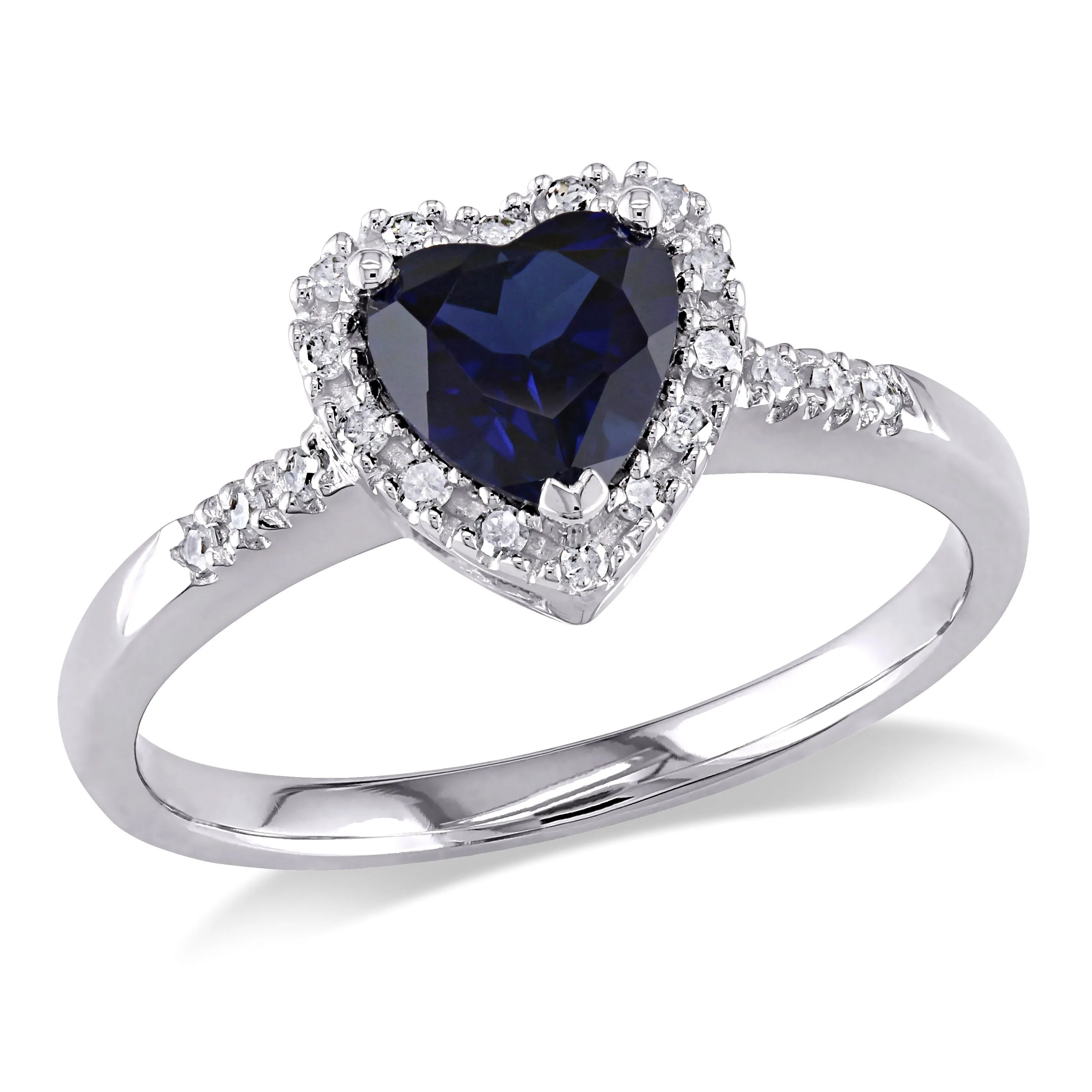 1/10 CT TW Halo Diamond and 7/8 CT TGW Heart Shaped Created Blue Sapphire Ring in 10K White Gold