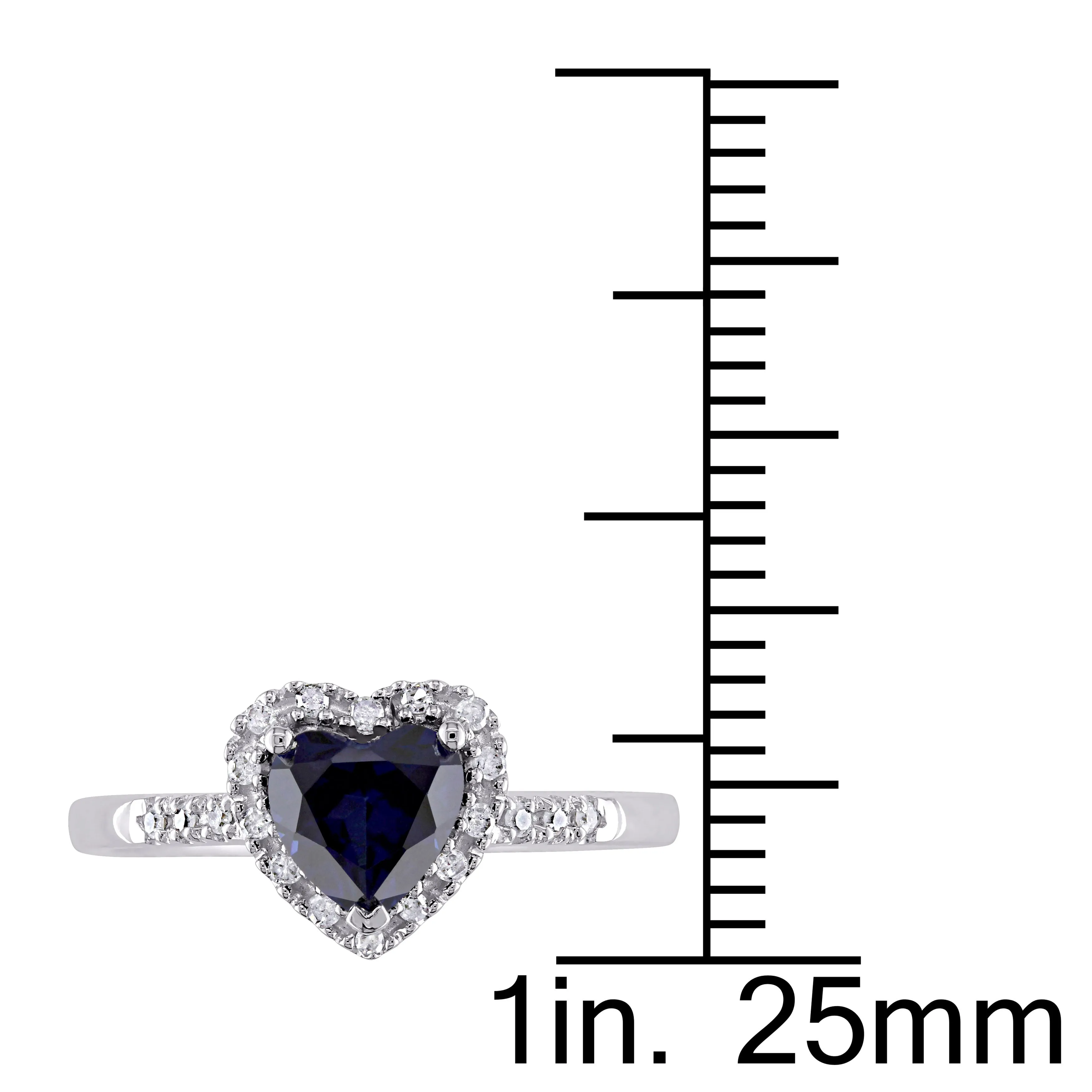 1/10 CT TW Halo Diamond and 7/8 CT TGW Heart Shaped Created Blue Sapphire Ring in 10K White Gold