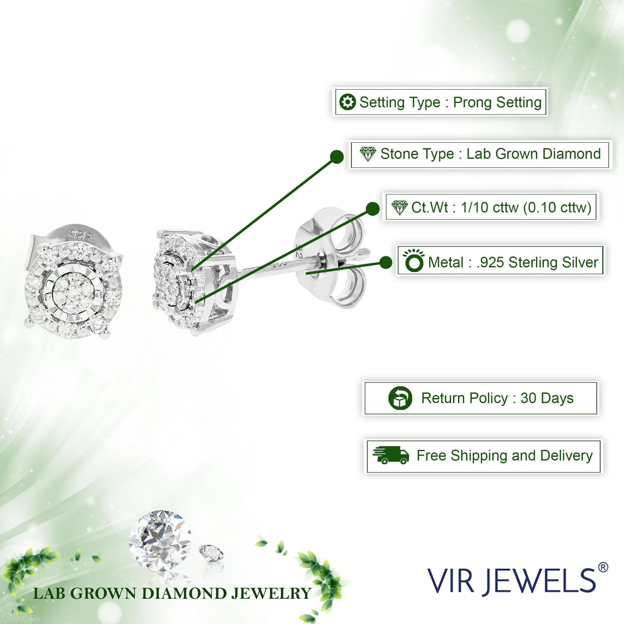 1/10 cttw 30 Stones Round Lab Grown Diamond Studs Earrings .925 Sterling Silver prong Set Round Shape