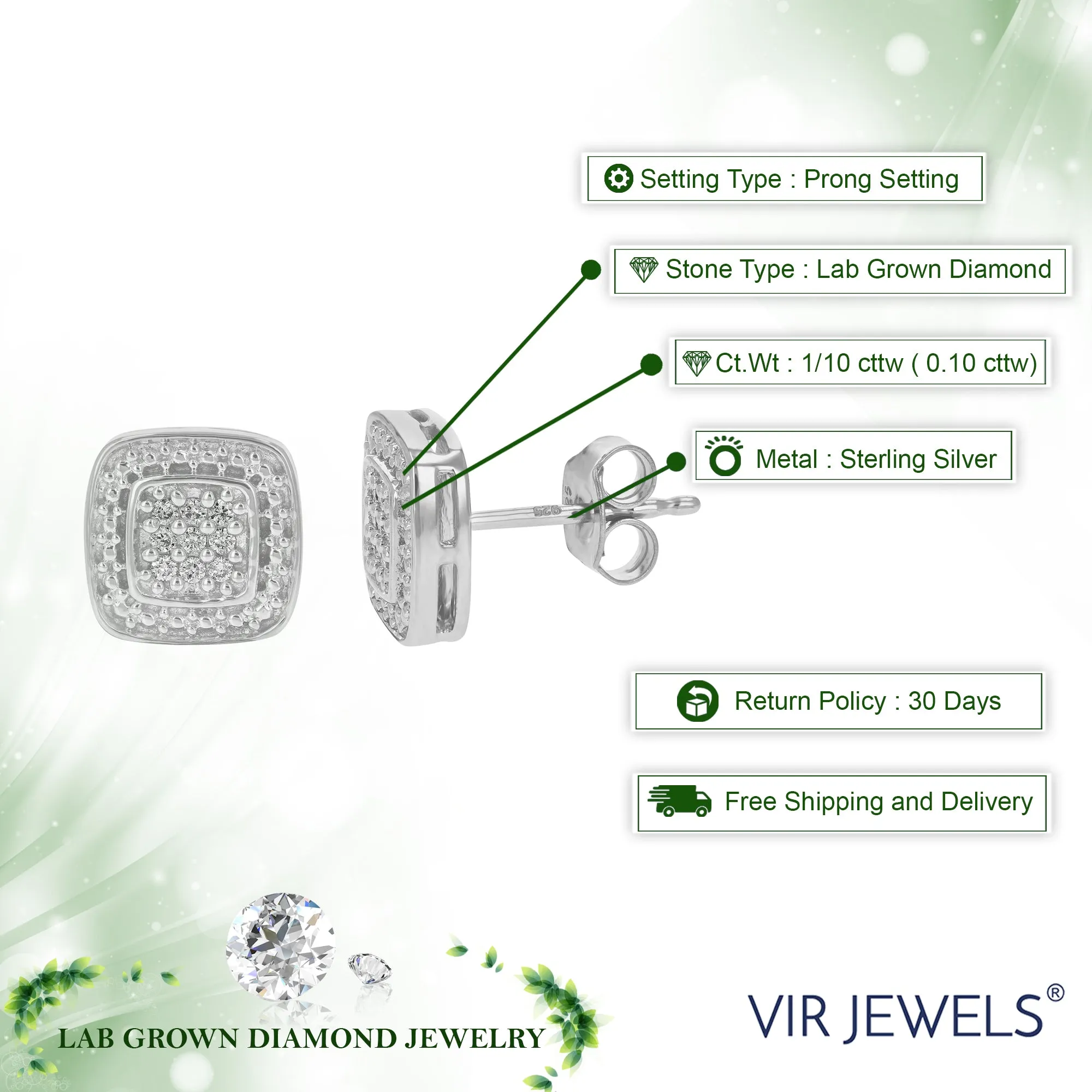 1/10 cttw Round Cut Lab Grown Diamond .925 Sterling Silver Stud Earrings Prong Set