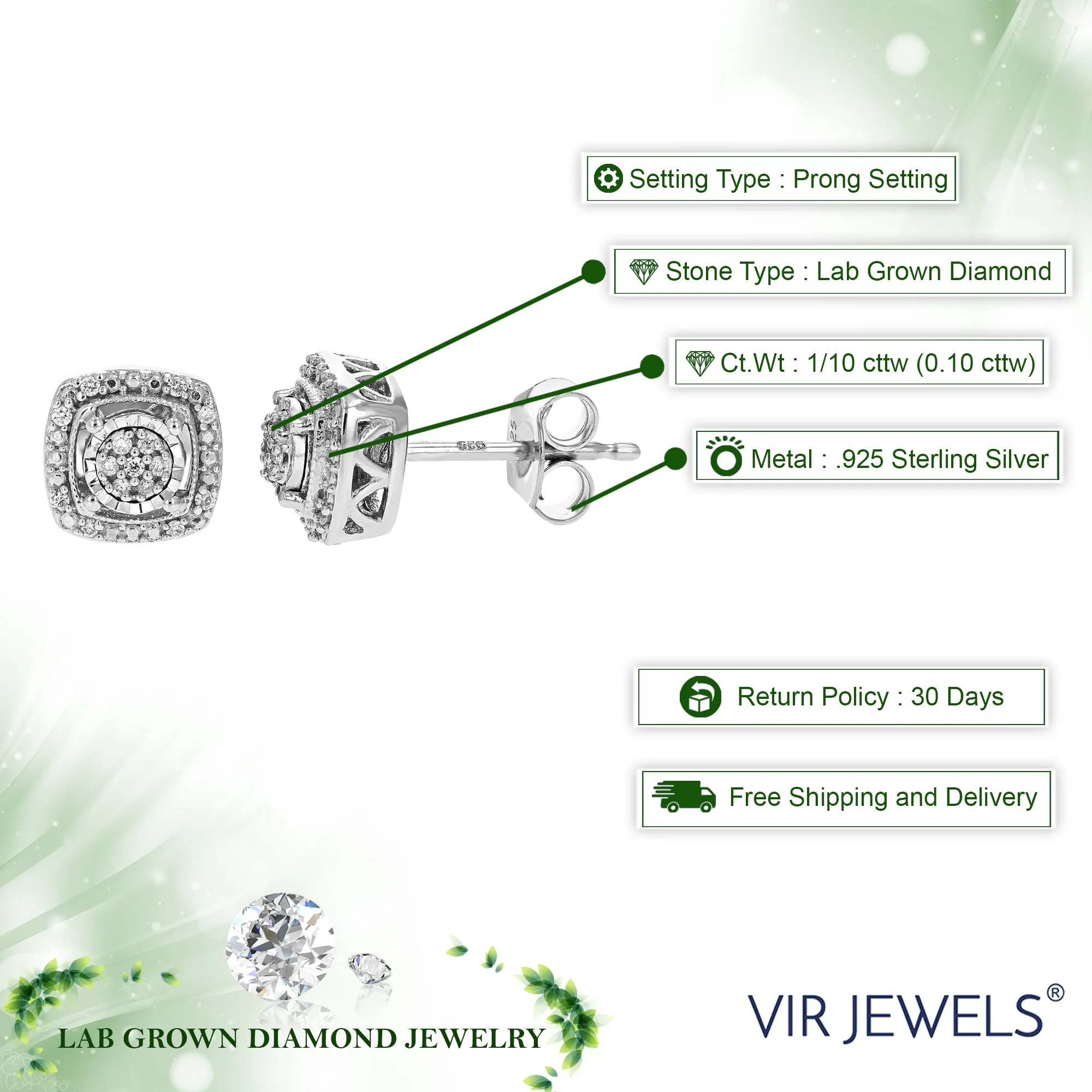 1/10 cttw Round Cut Lab Grown Diamond Stud Earrings .925 Sterling Silver Prong Set