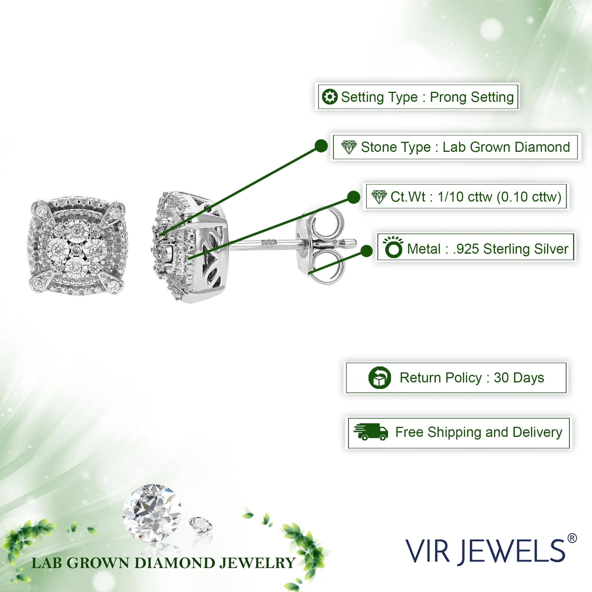 1/10 cttw Round Cut Lab Grown Diamond Stud Earrings in .925 Sterling Silver with Push Back