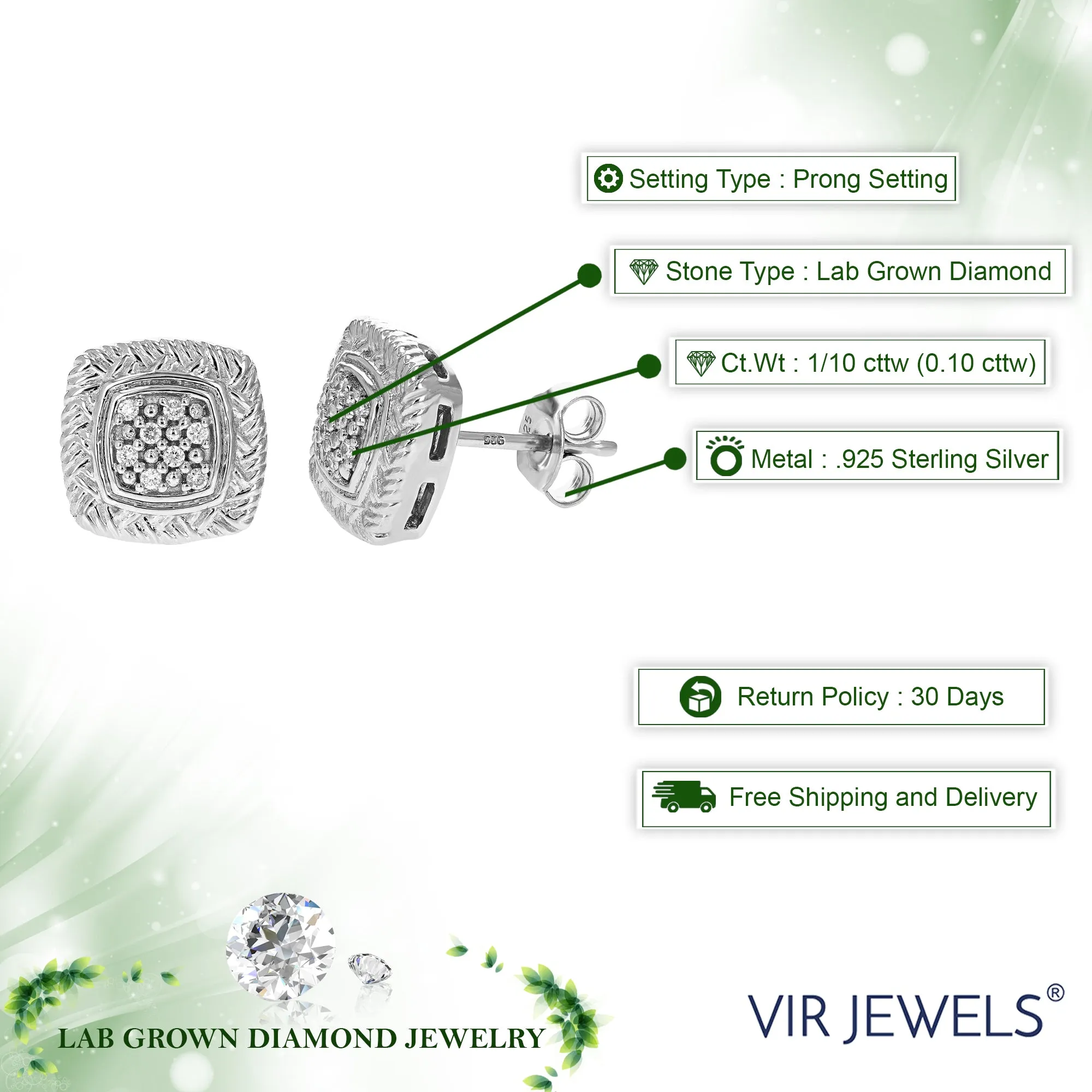 1/10 cttw Round Lab Grown Diamond Prong Set Stud Earrings .925 Sterling Silver