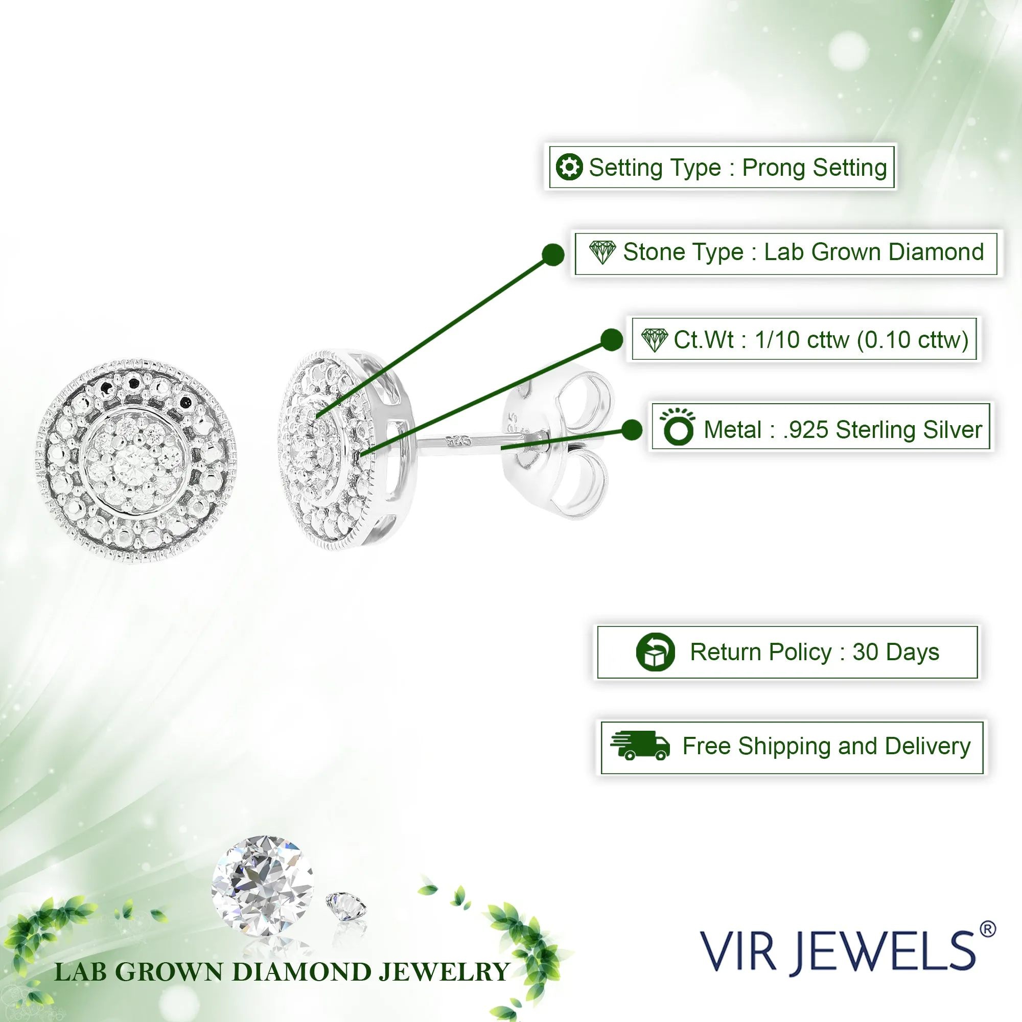 1/10 cttw Round Lab Grown Diamond Stud Earring .925 Sterling Silver Prong Set 1/3 Inch