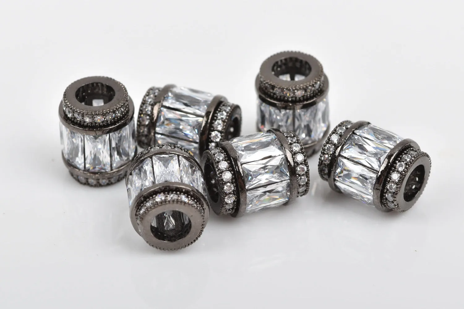 11x9mm Barrel Beads, Micro pave' hand-set crystals with Cubic Zirconia Stones, Large Hole, GUNMETAL BLACK, cho0189
