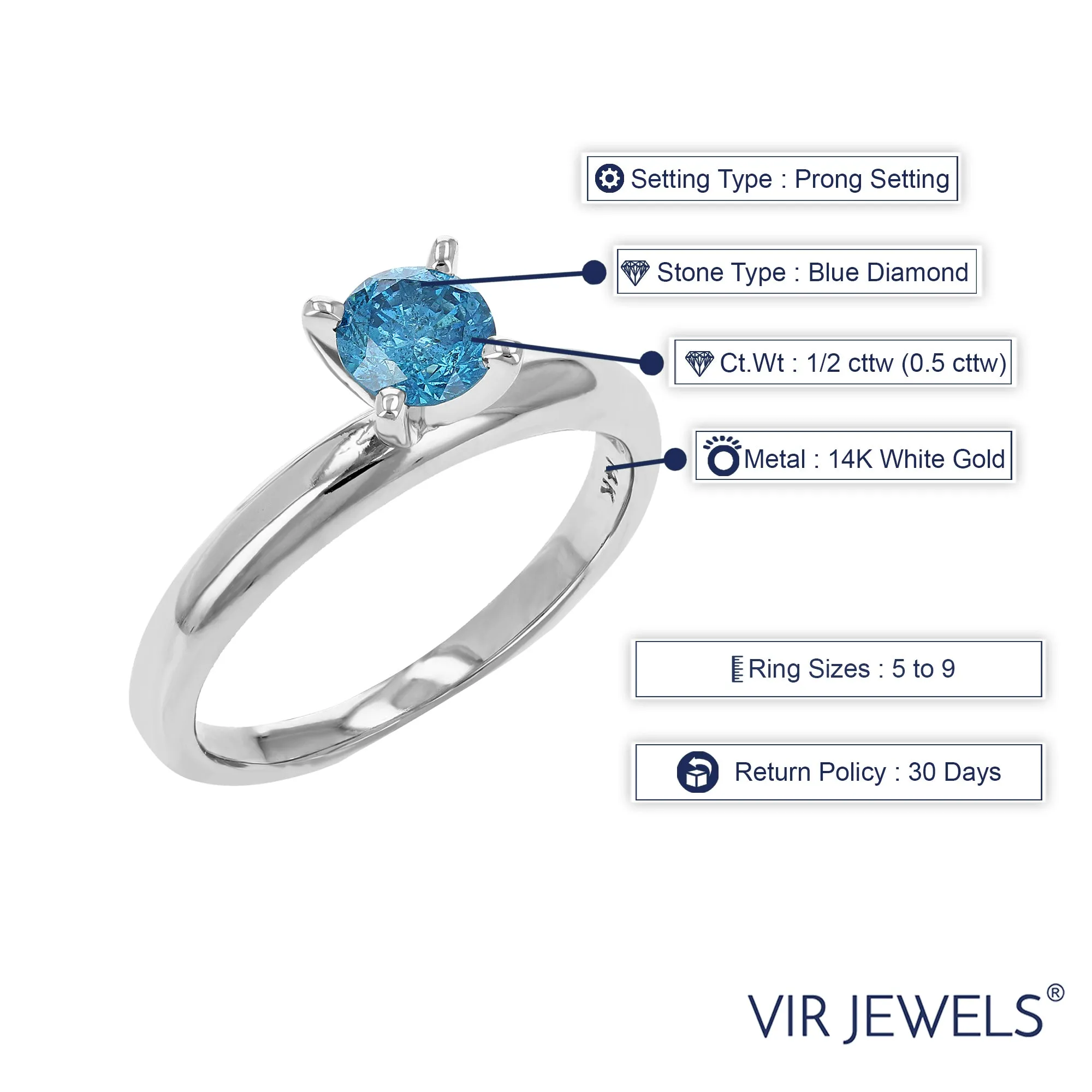 1/2 cttw Blue Diamond Solitaire Engagement Ring in 14K White Gold