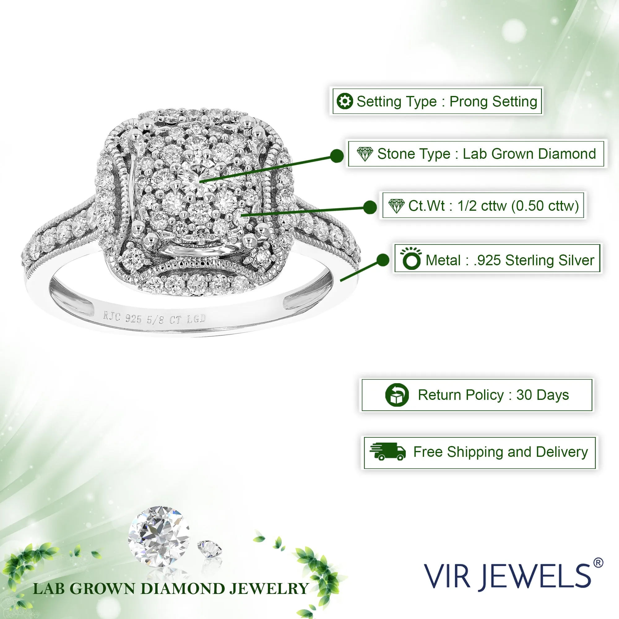 1/2 cttw Lab Created Diamond Engagement Ring Sterling Silver Prong Size 6-8