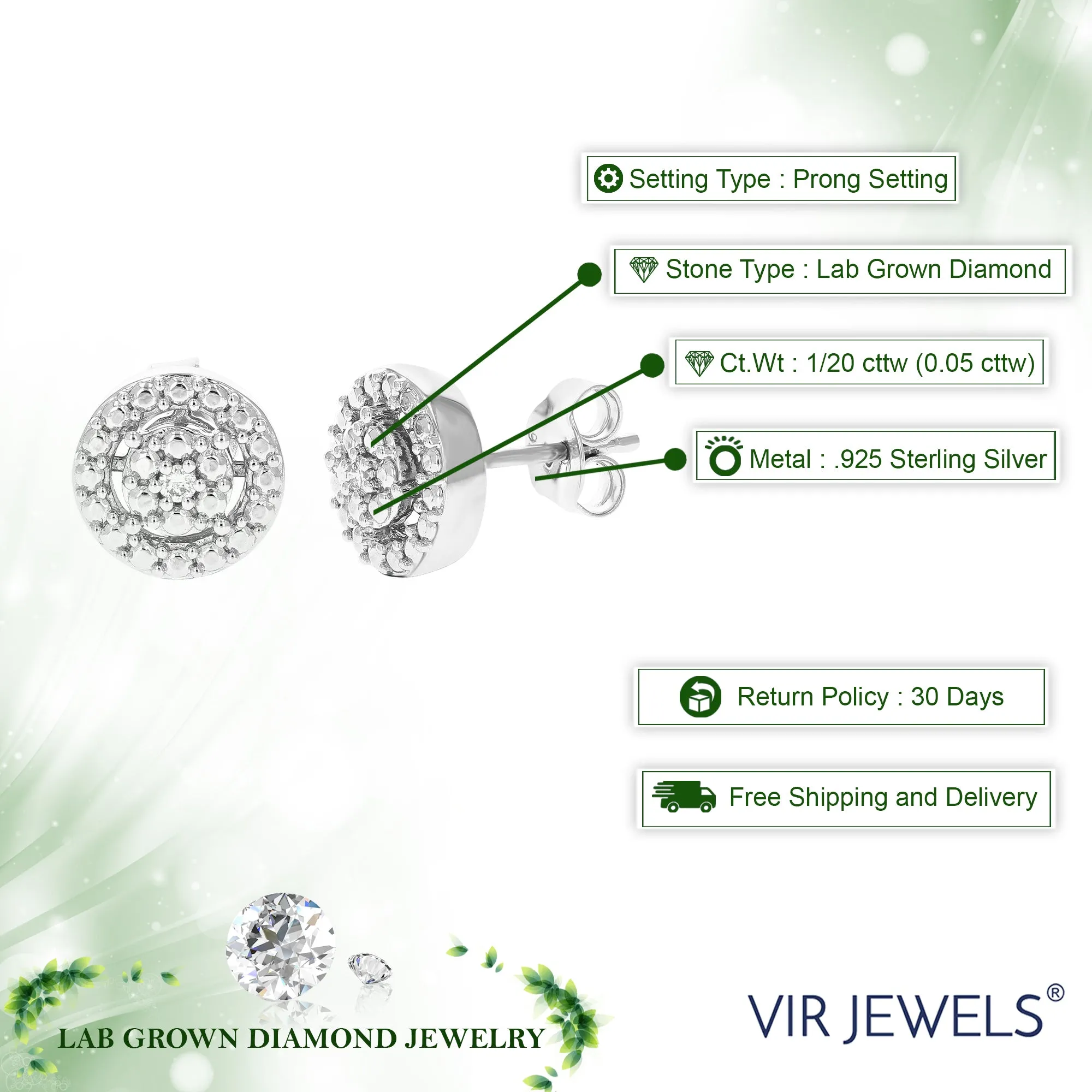 1/20 cttw Round Lab Grown Diamond Studs Earrings .925 Sterling Silver Prong Set 1/2 Inch