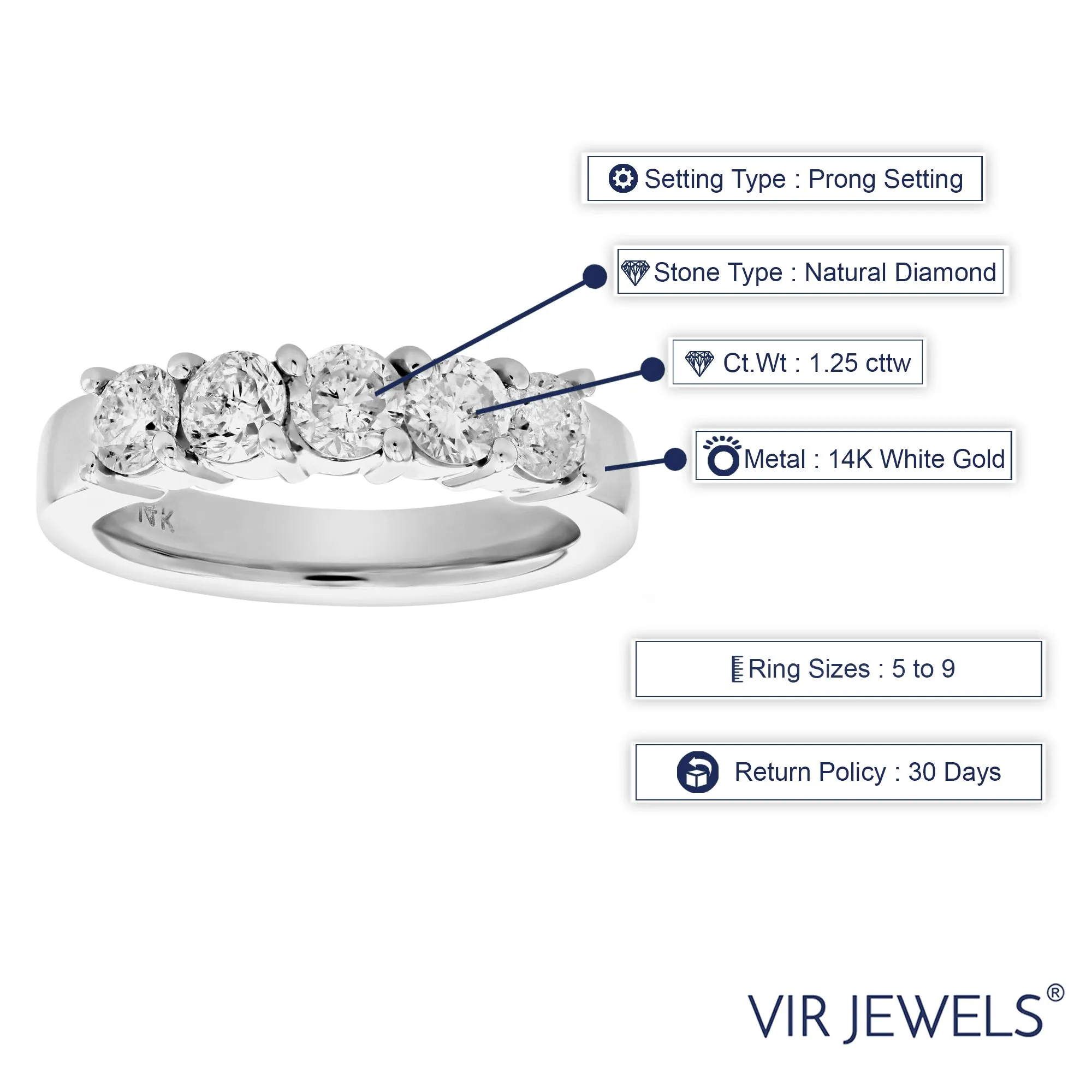 1.25 cttw Five Stone Diamond Statement Ring in 14K White Gold